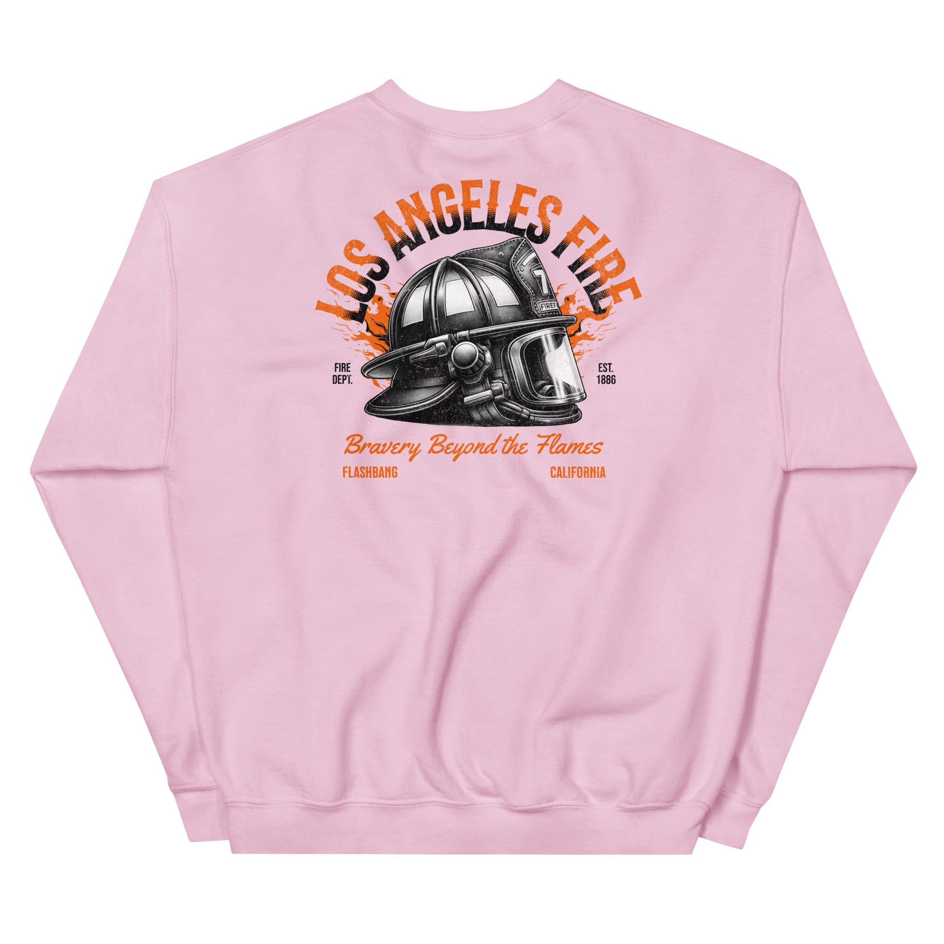 Pink sweatshirt with a fire helmet graphic and text on the back, on a white background