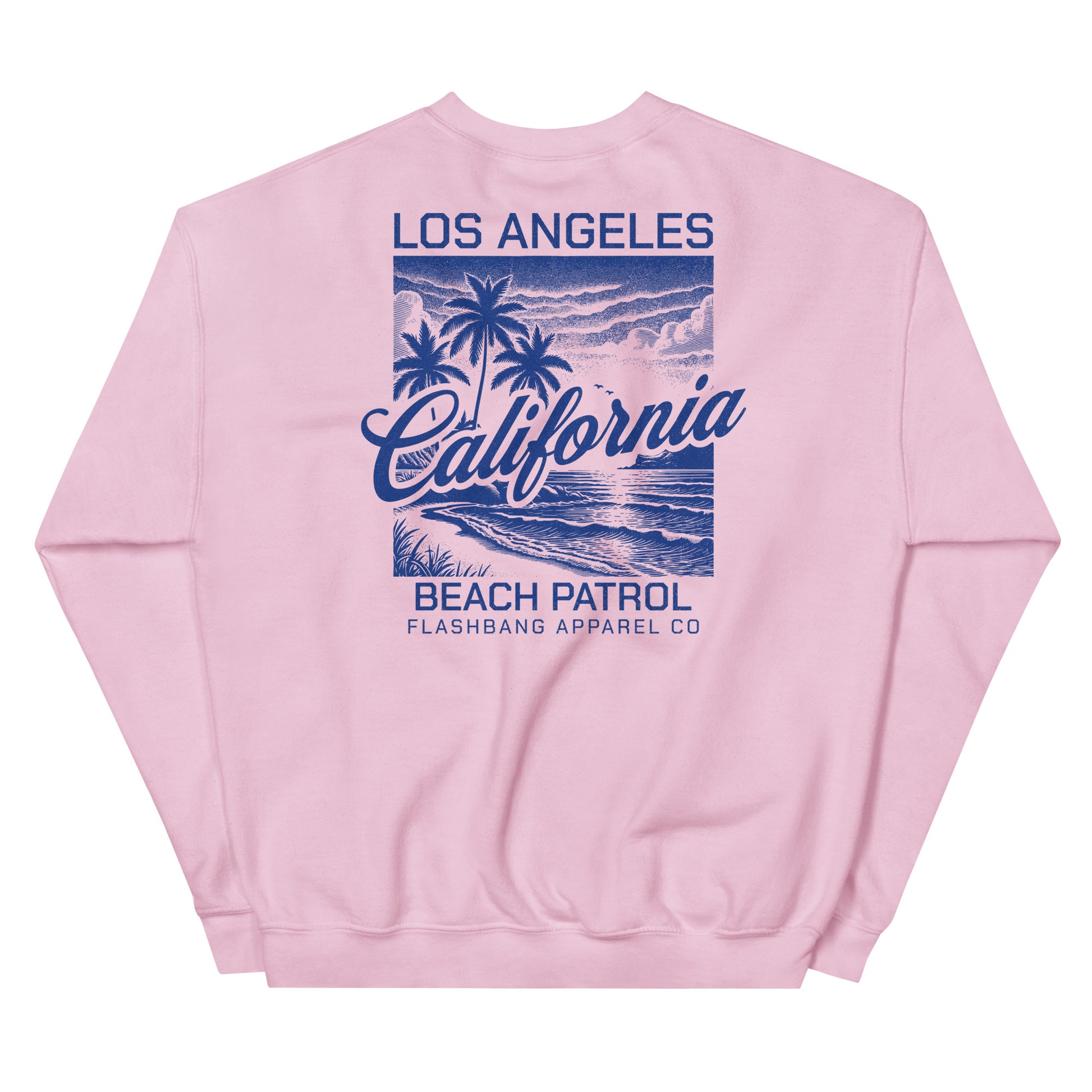 Pink sweatshirt with 'Los Angeles California Beach Patrol' design on a white background