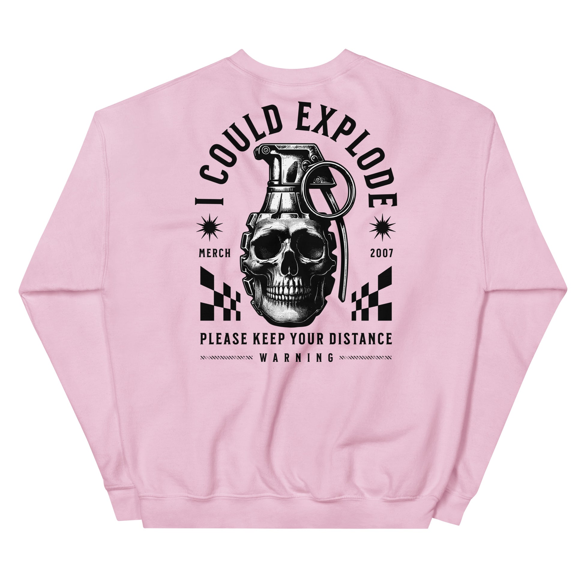 Pink sweatshirt with a graphic design featuring a skull and grenade on a white background