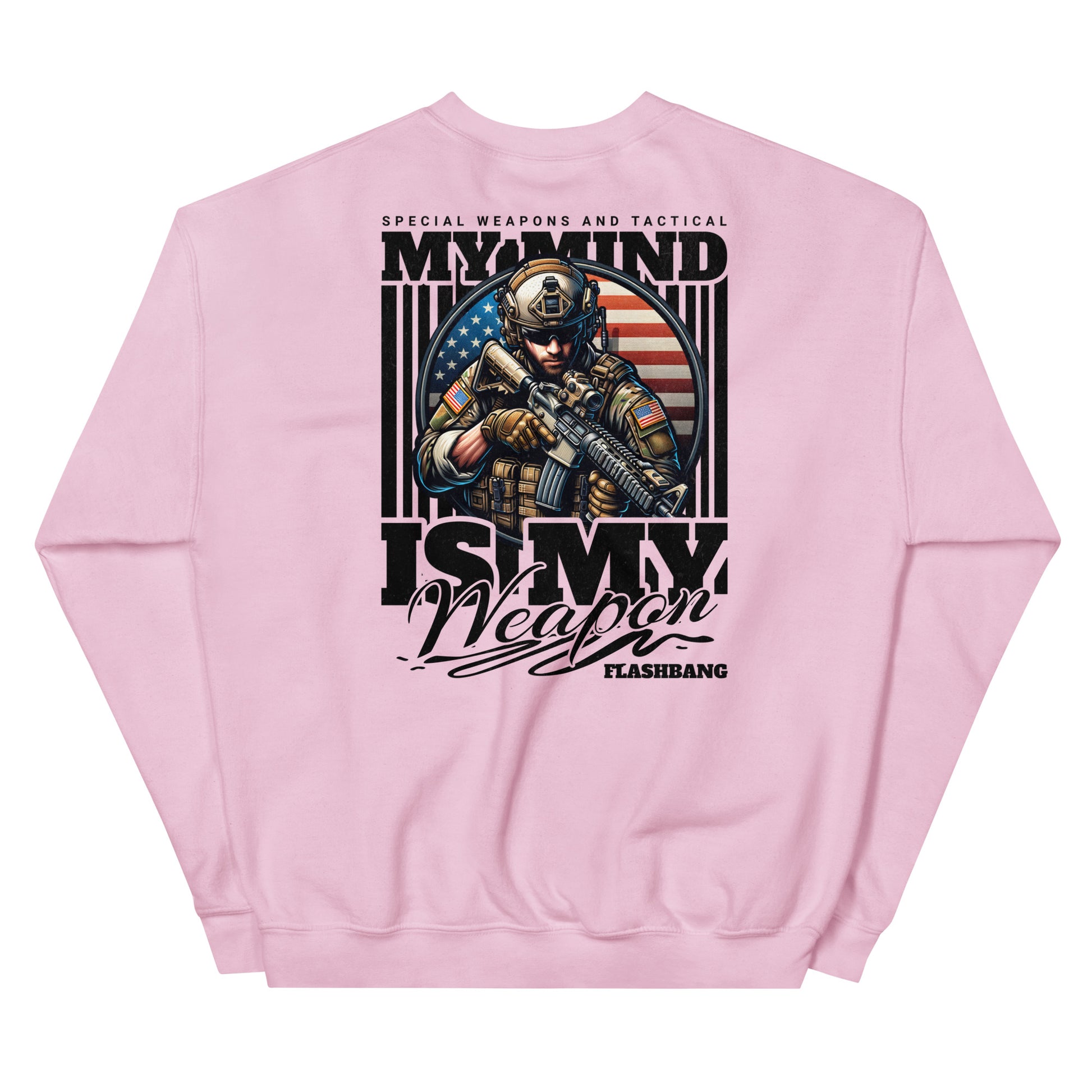 Pink sweatshirt with graphic design and text on a white background