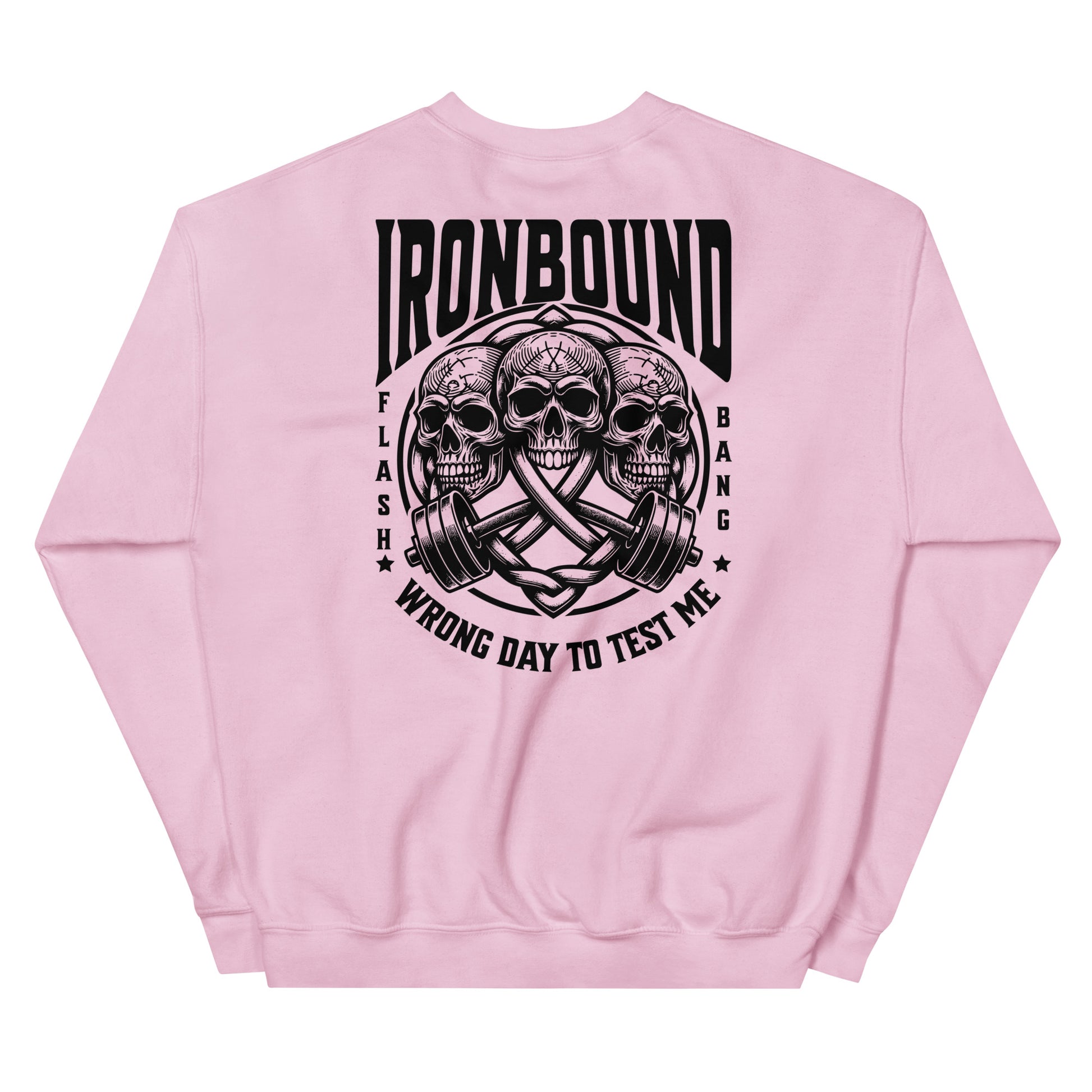 Pink sweatshirt with skull and barbell graphic and 'Ironbound' text on a white background