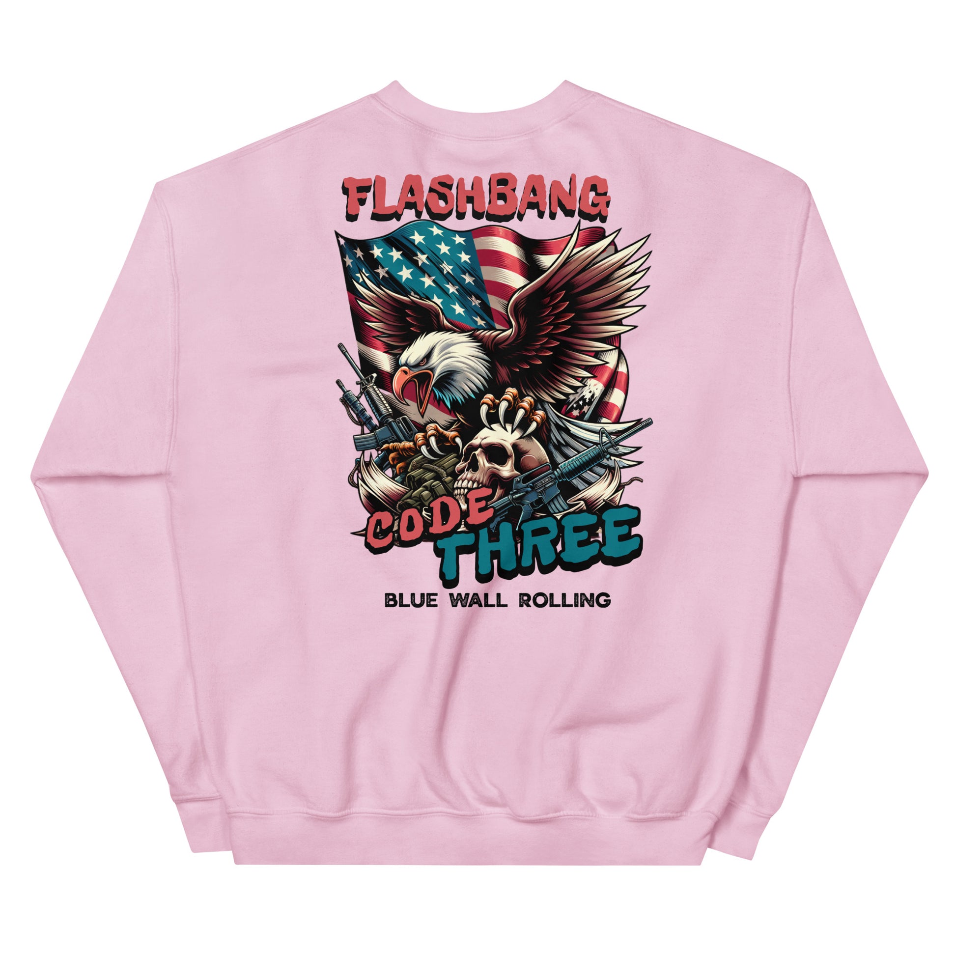 Pink sweatshirt with graphic design featuring an eagle, skull, and American flag on a white background