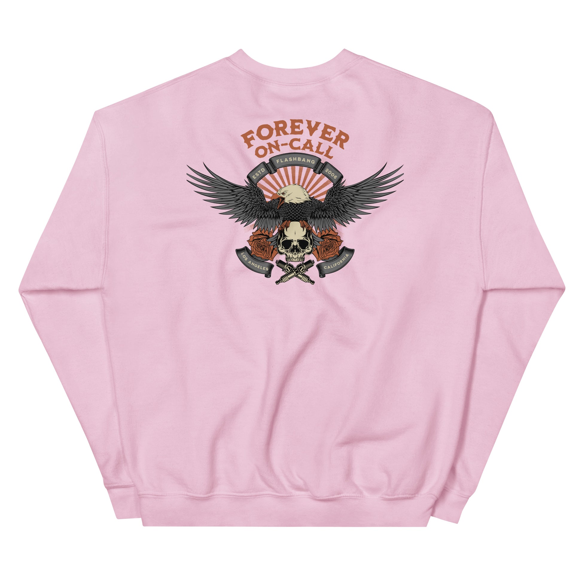 Pink sweatshirt with an eagle and skull design on the back, featuring the text 'Forever On Call'.