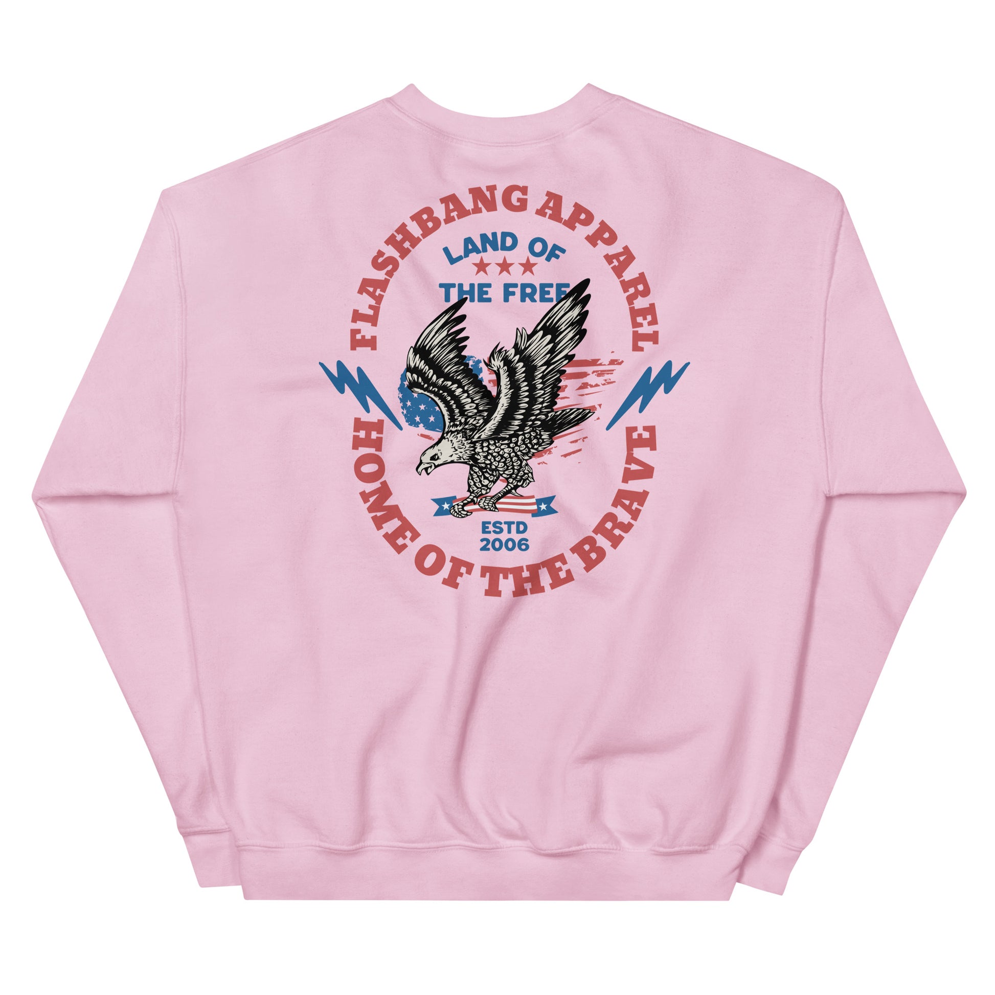 Pink sweatshirt with an eagle graphic and text on a white background