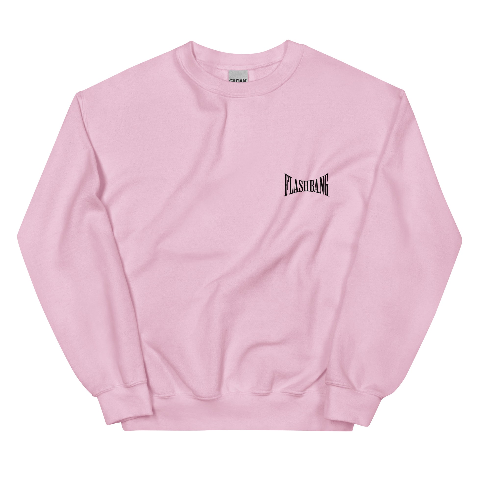 Pink sweatshirt with 'FLASHBANG' logo on a white background