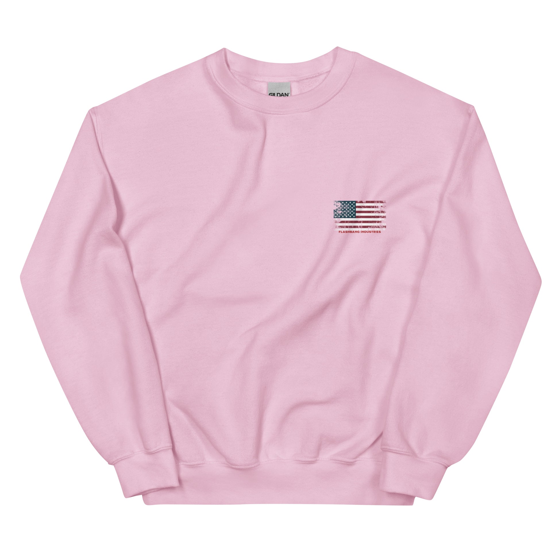 Pink sweatshirt with a small American flag patch on a white background