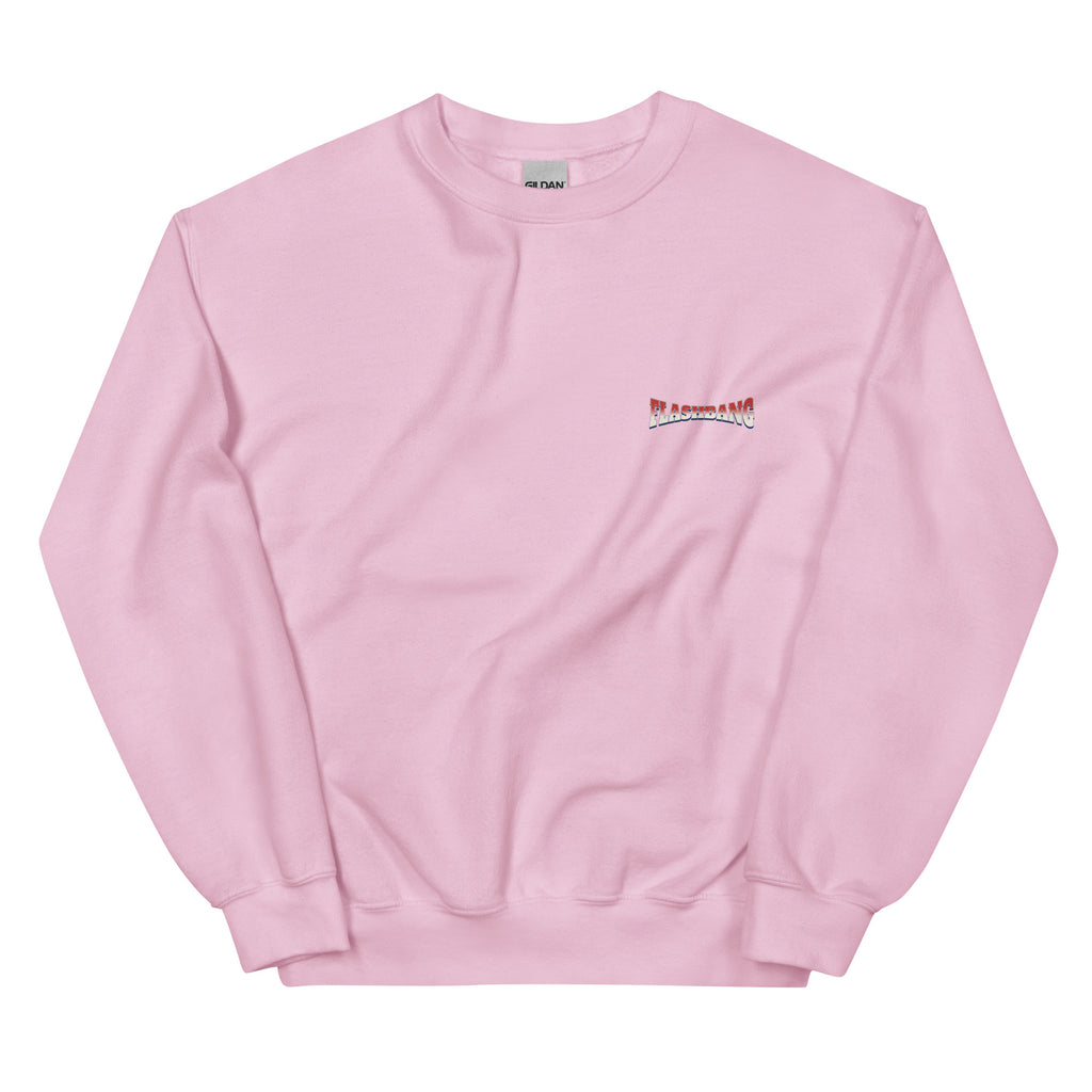 Pink sweatshirt with a small logo on the chest against a white background