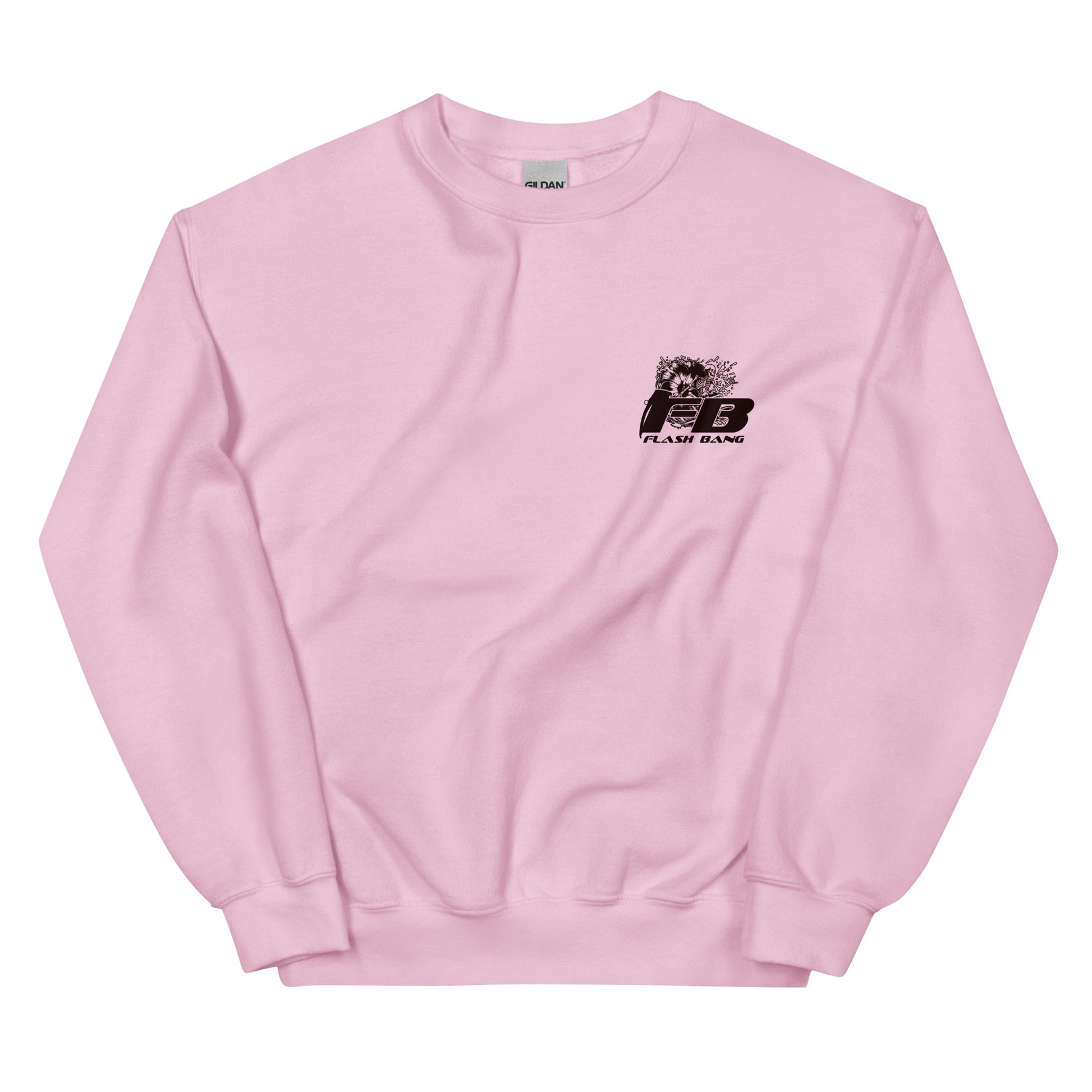 Pink sweatshirt with a black logo on the chest against a white background