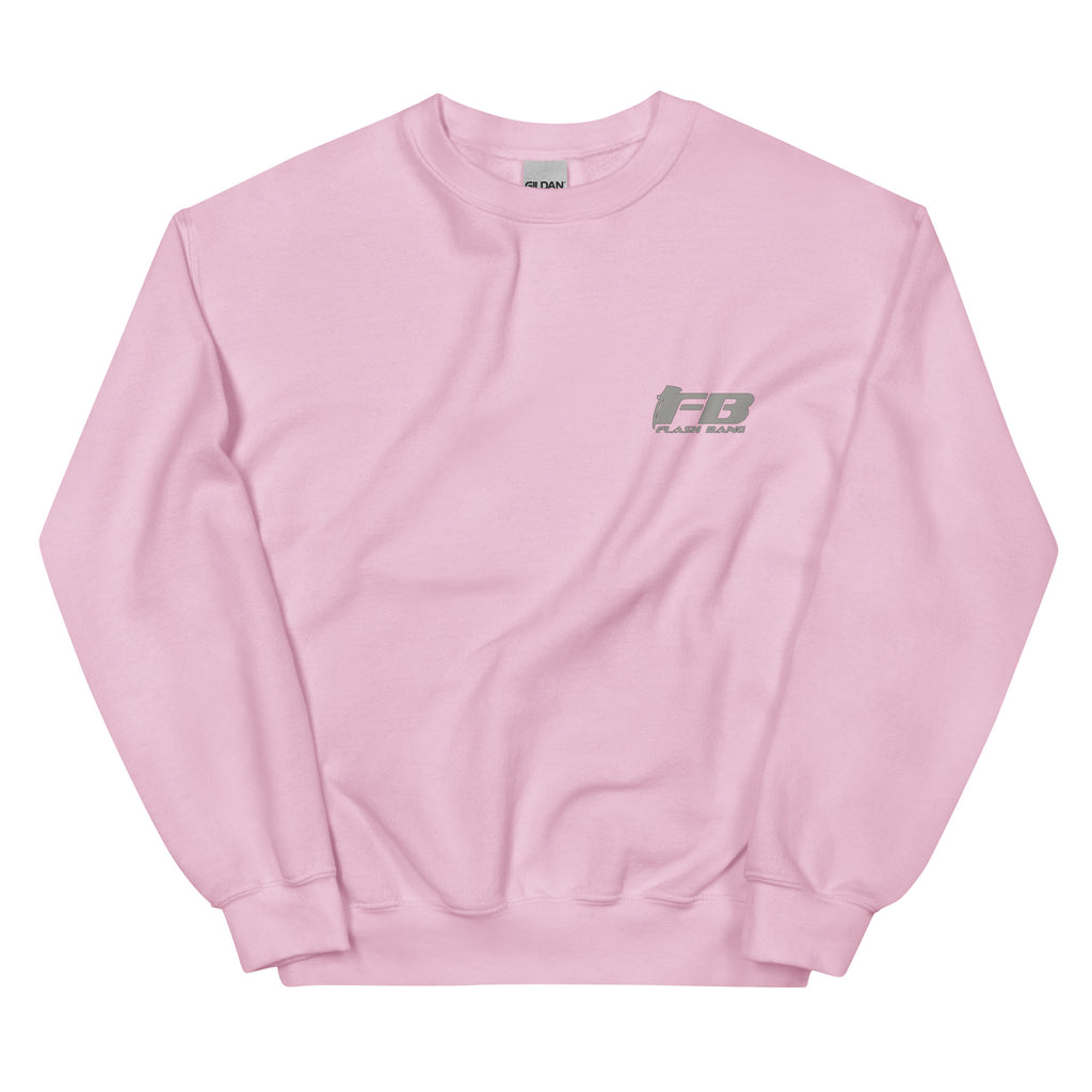 Pink sweatshirt with a logo on the chest against a white background