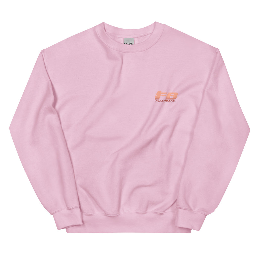 Pink sweatshirt with a logo on the chest against a white background