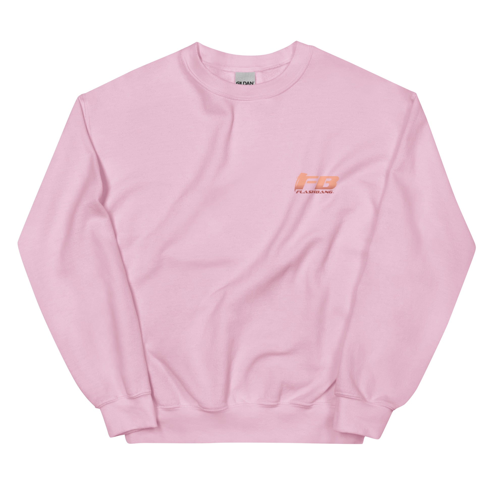 Pink sweatshirt with a logo on the chest against a white background