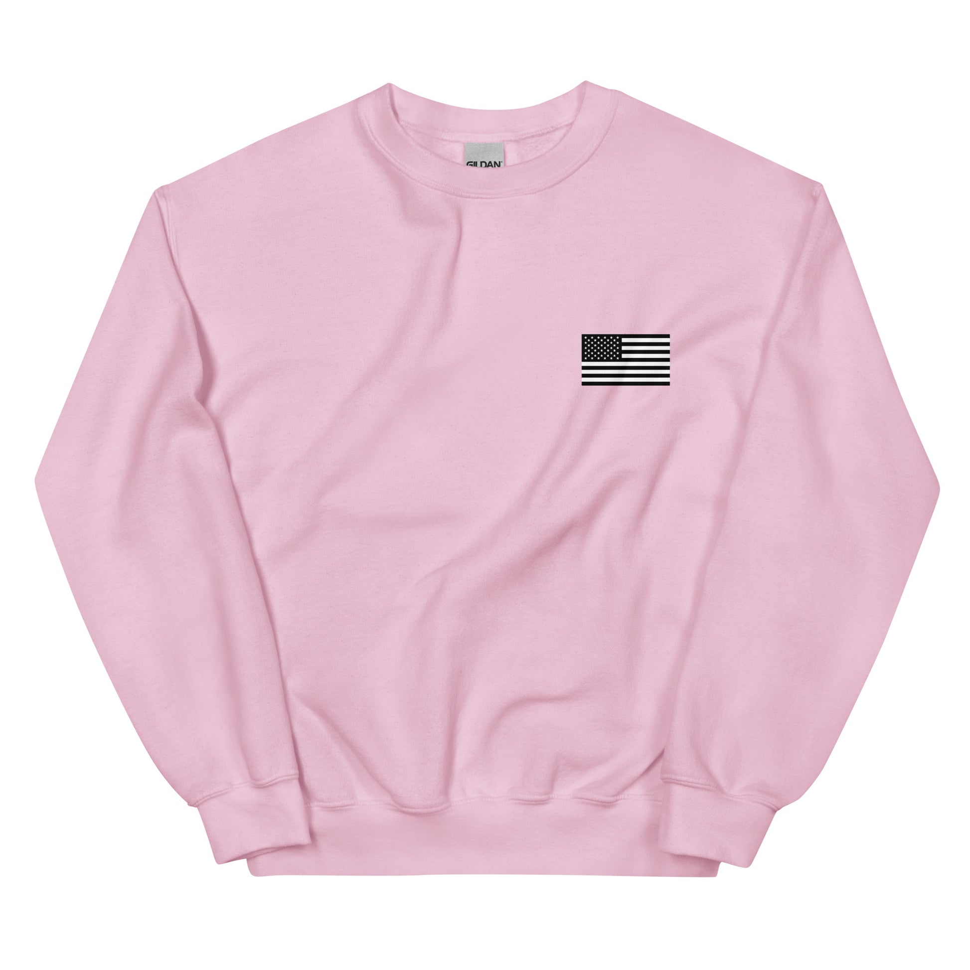 Pink sweatshirt with a small American flag patch on a white background