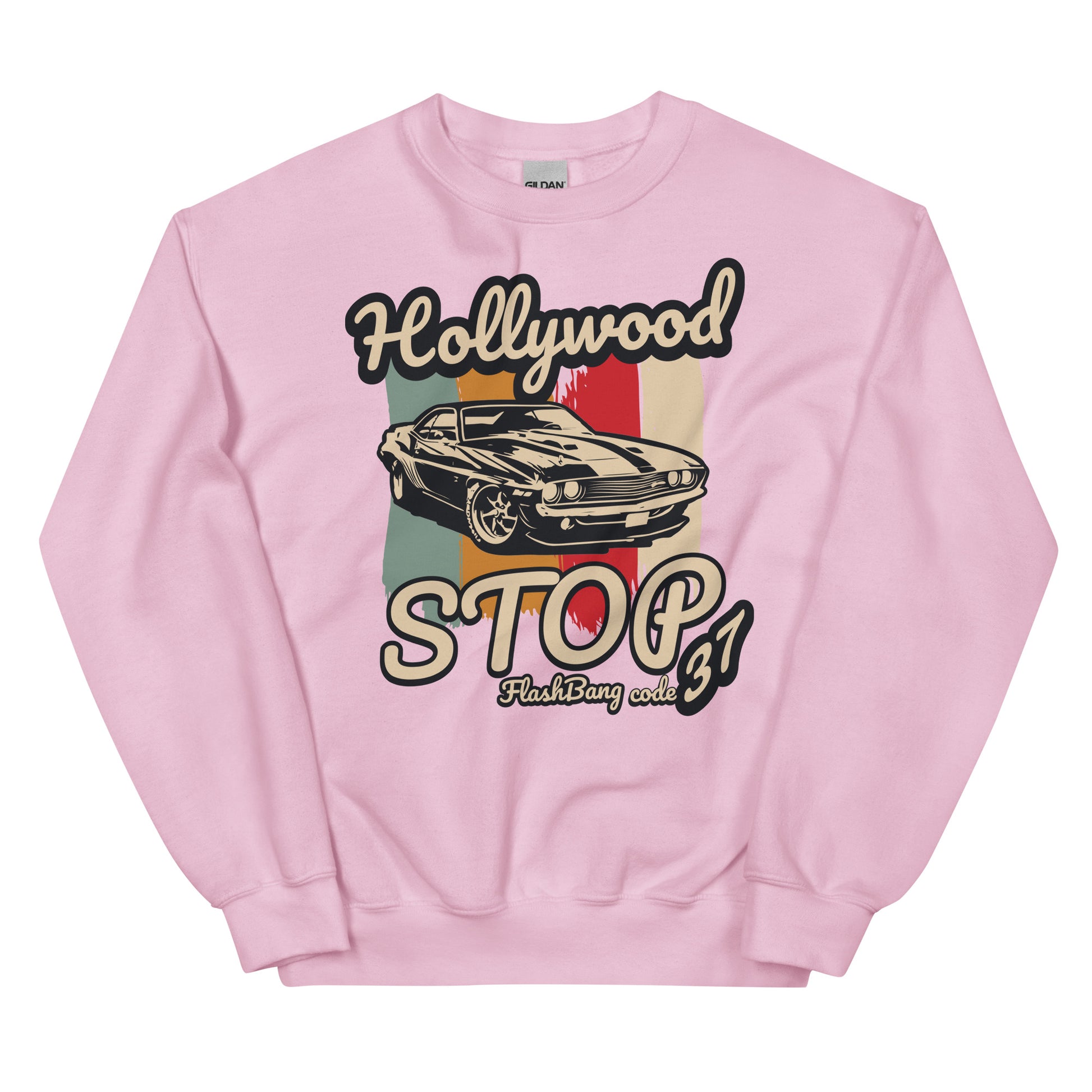 Pink sweatshirt with a vintage car graphic and 'Hollywood Stop' text on a white background