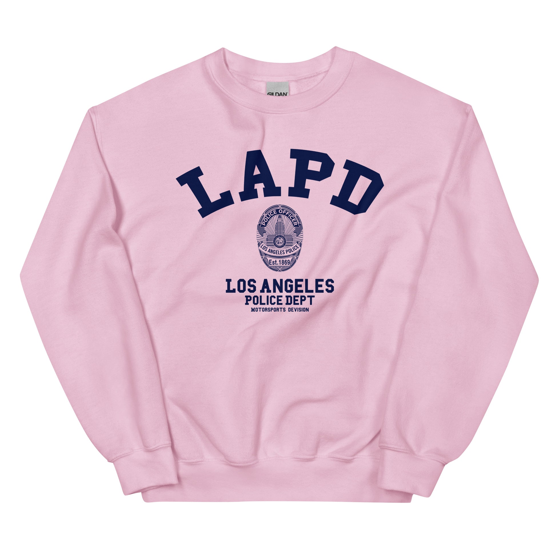 Pink sweatshirt with LAPD Los Angeles Police Dept logo on a white background