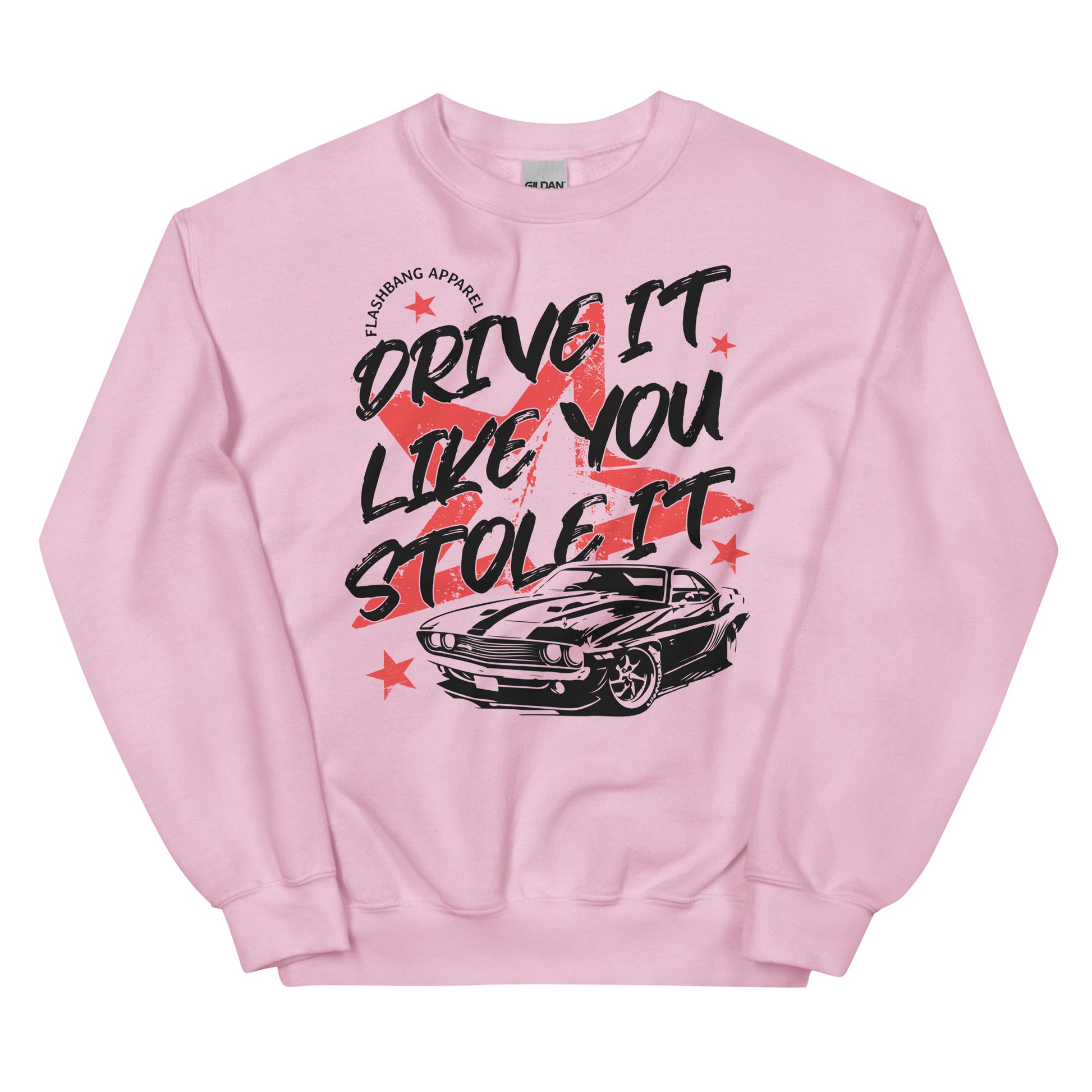 Pink sweatshirt with graphic design and text on a white background