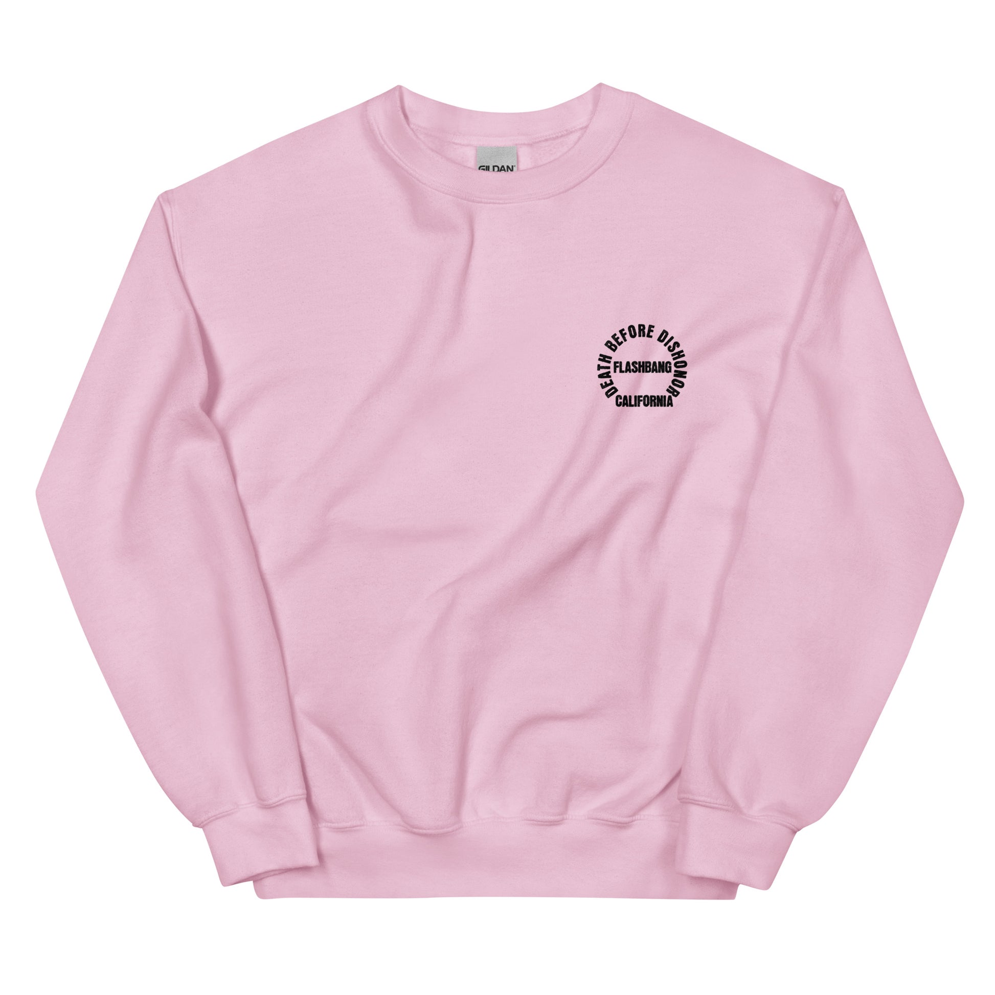 Pink sweatshirt with a black logo on a white background