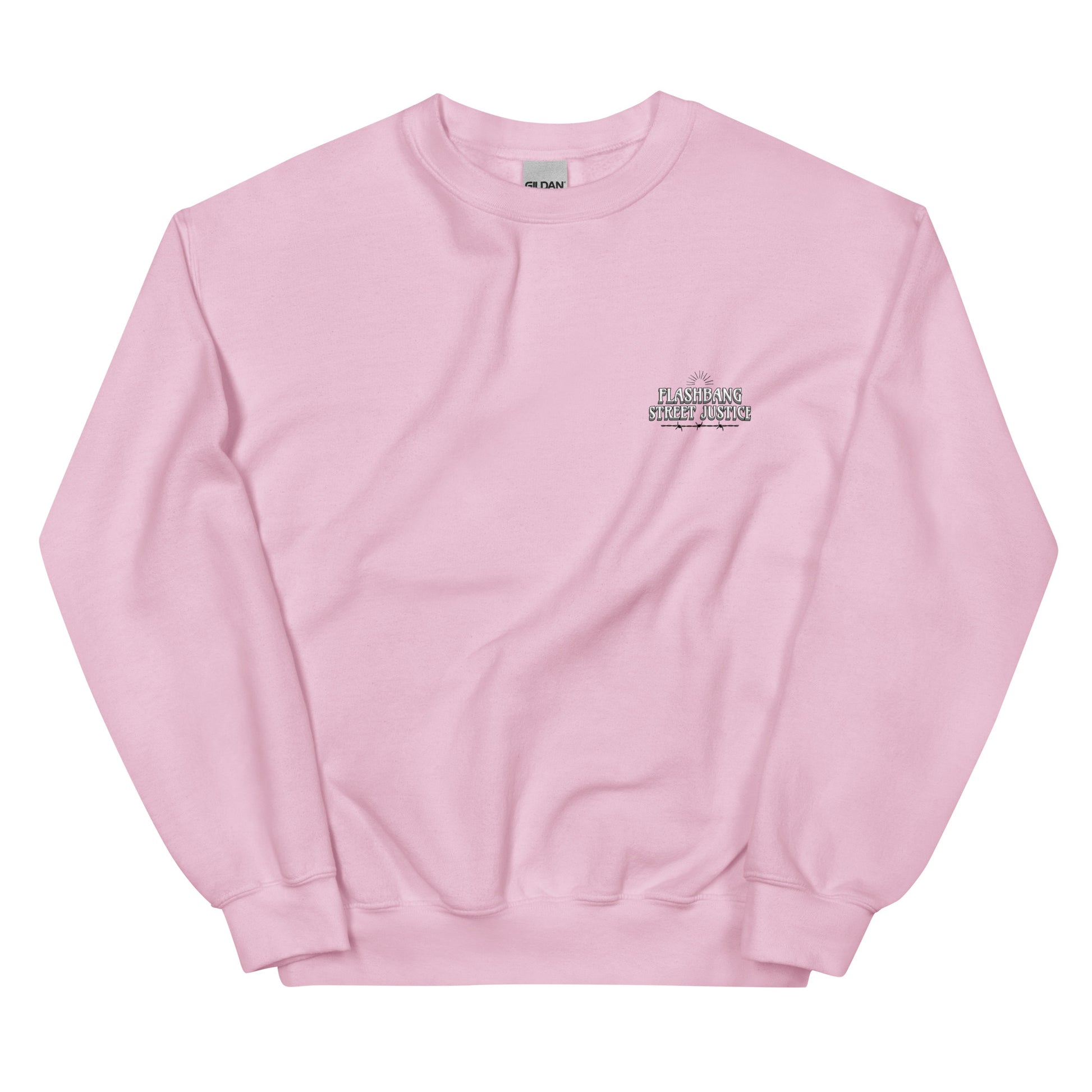 Pink sweatshirt with a small logo on the chest against a white background