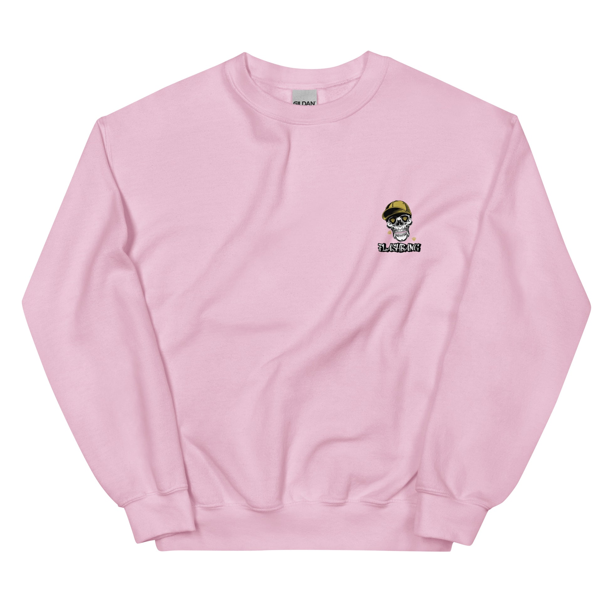 Pink sweatshirt with a small graphic on the chest against a white background