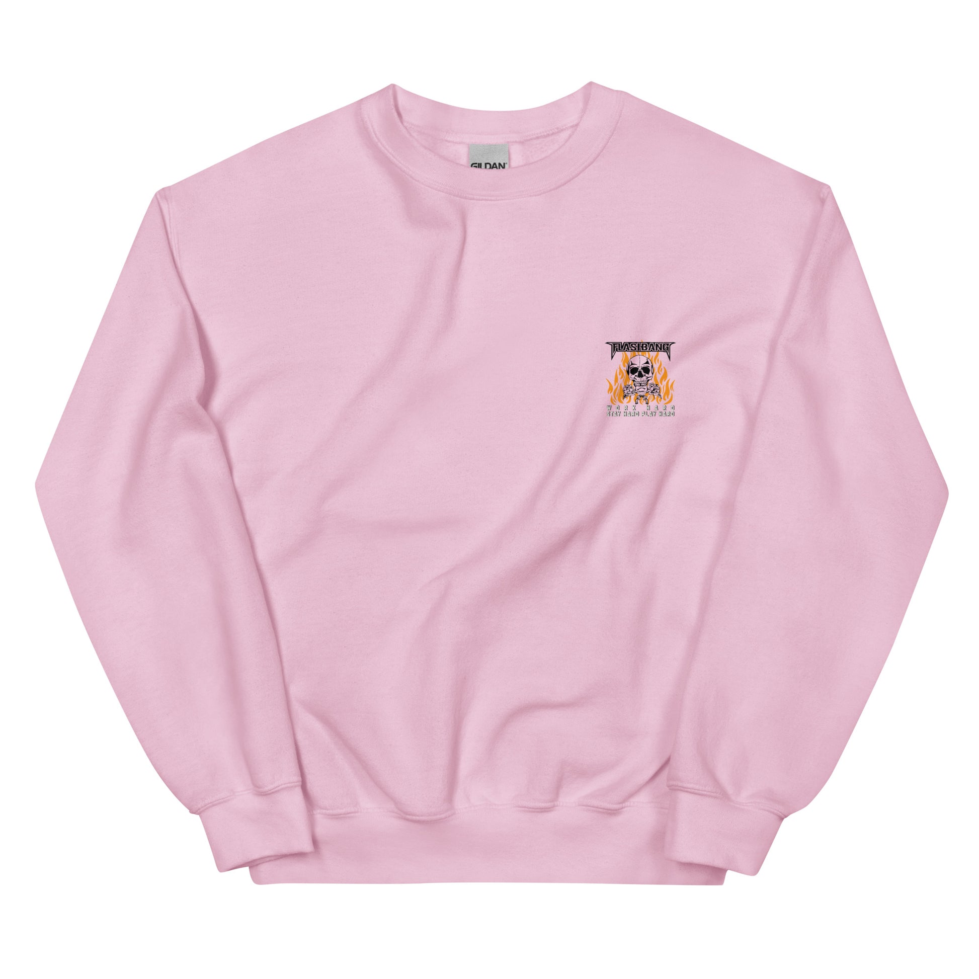 Pink sweatshirt with a small graphic on the chest against a white background