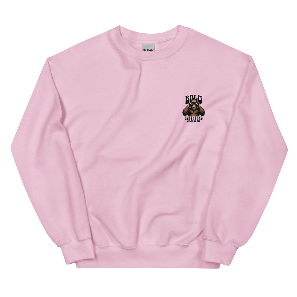 Pink sweatshirt with a small graphic on the chest against a white background