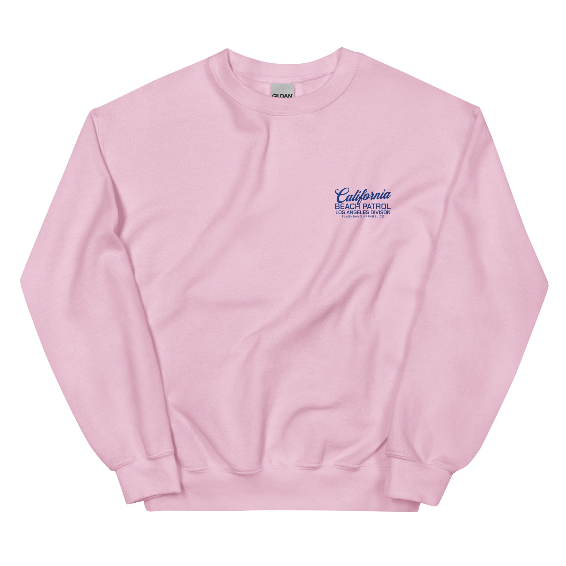 Pink sweatshirt with 'California Beach Patrol' text on a white background