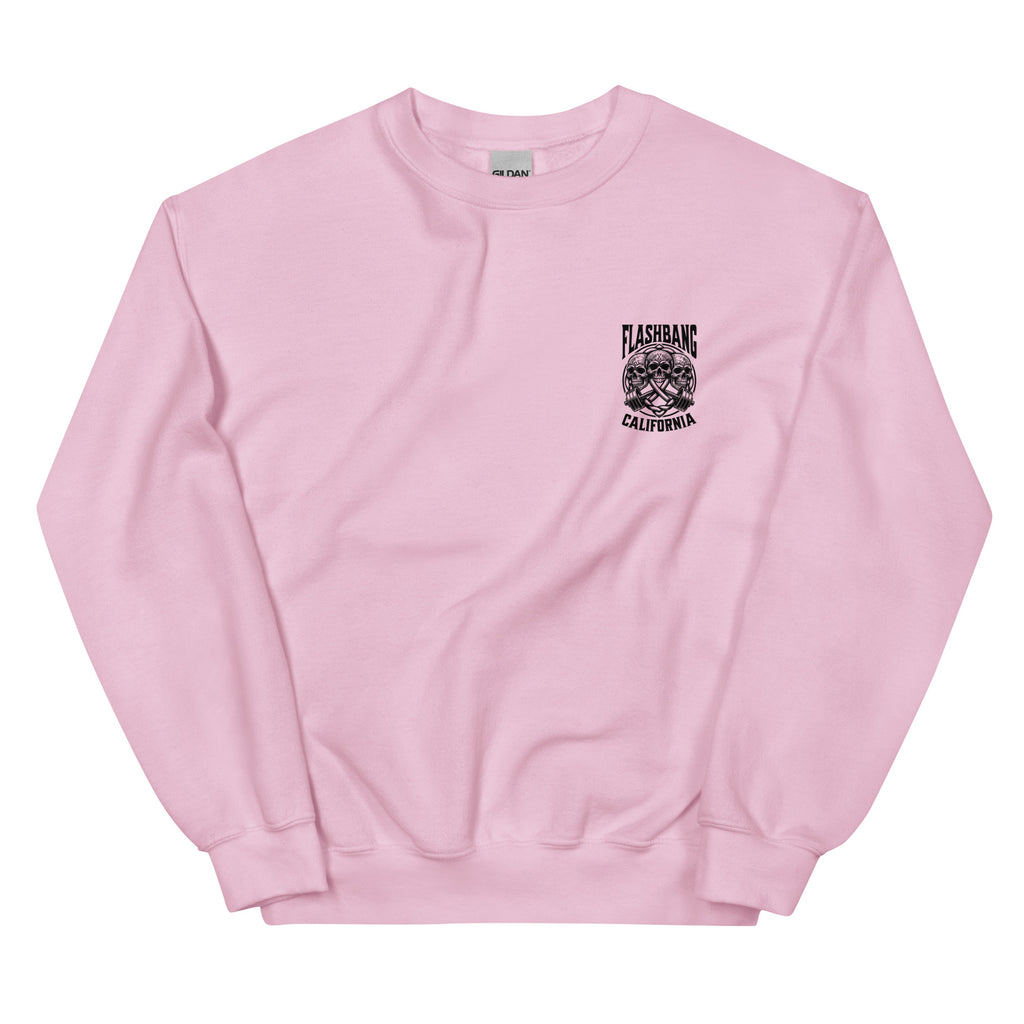 Pink sweatshirt with a graphic design on the chest against a white background