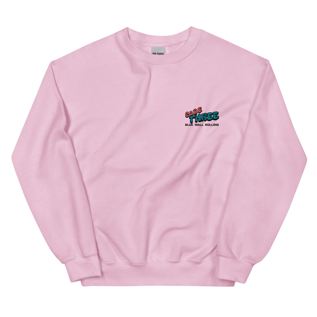 Pink sweatshirt with a logo on the chest against a white background