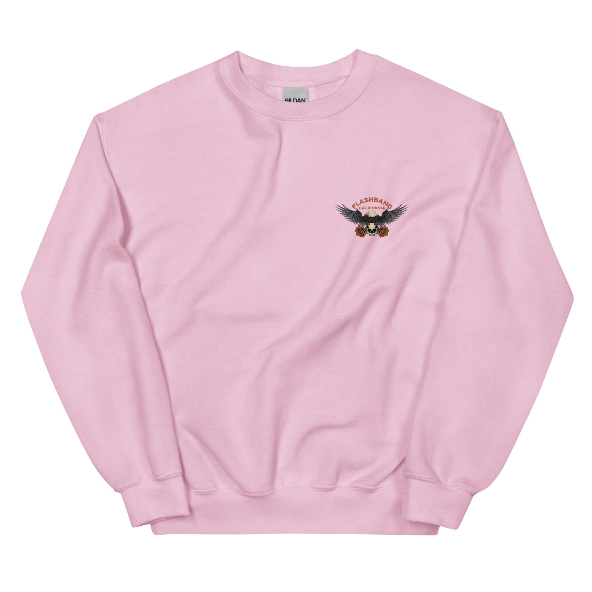 Pink sweatshirt with a logo on the chest against a white background