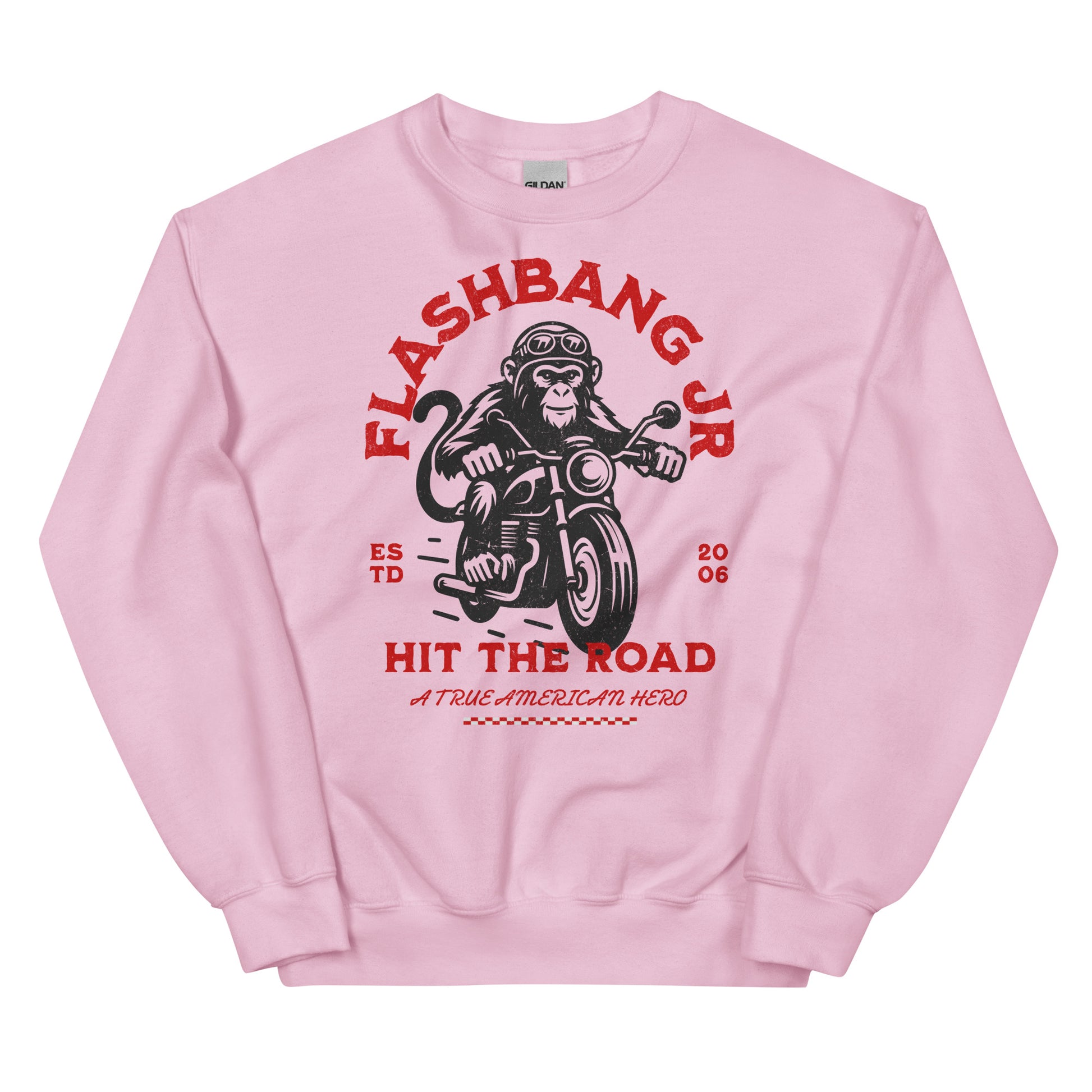 Pink sweatshirt with monkey on a motorcycle graphic and 'Flashbang Jr' text on a white background