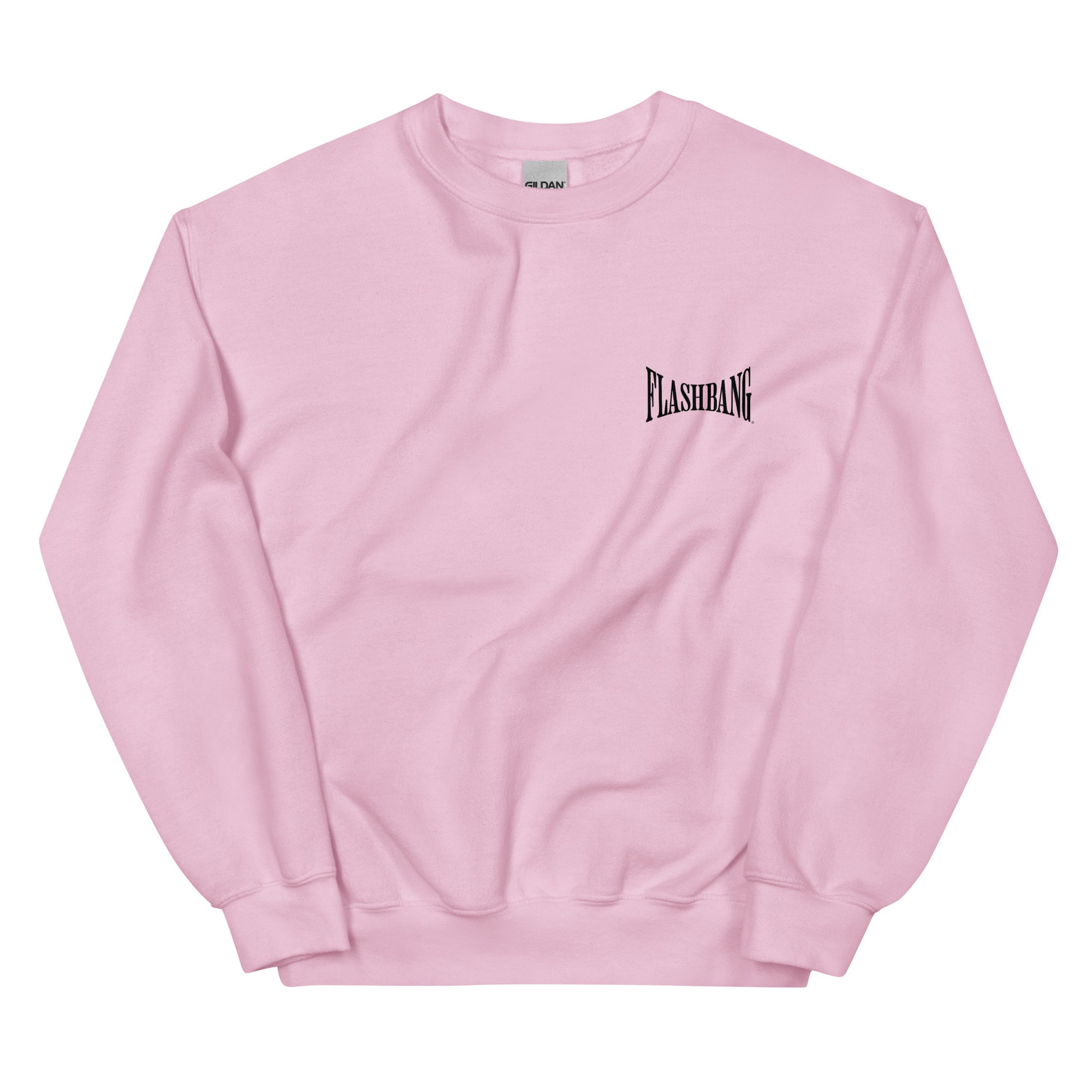 Pink sweatshirt with 'Flashbang' logo on a white background