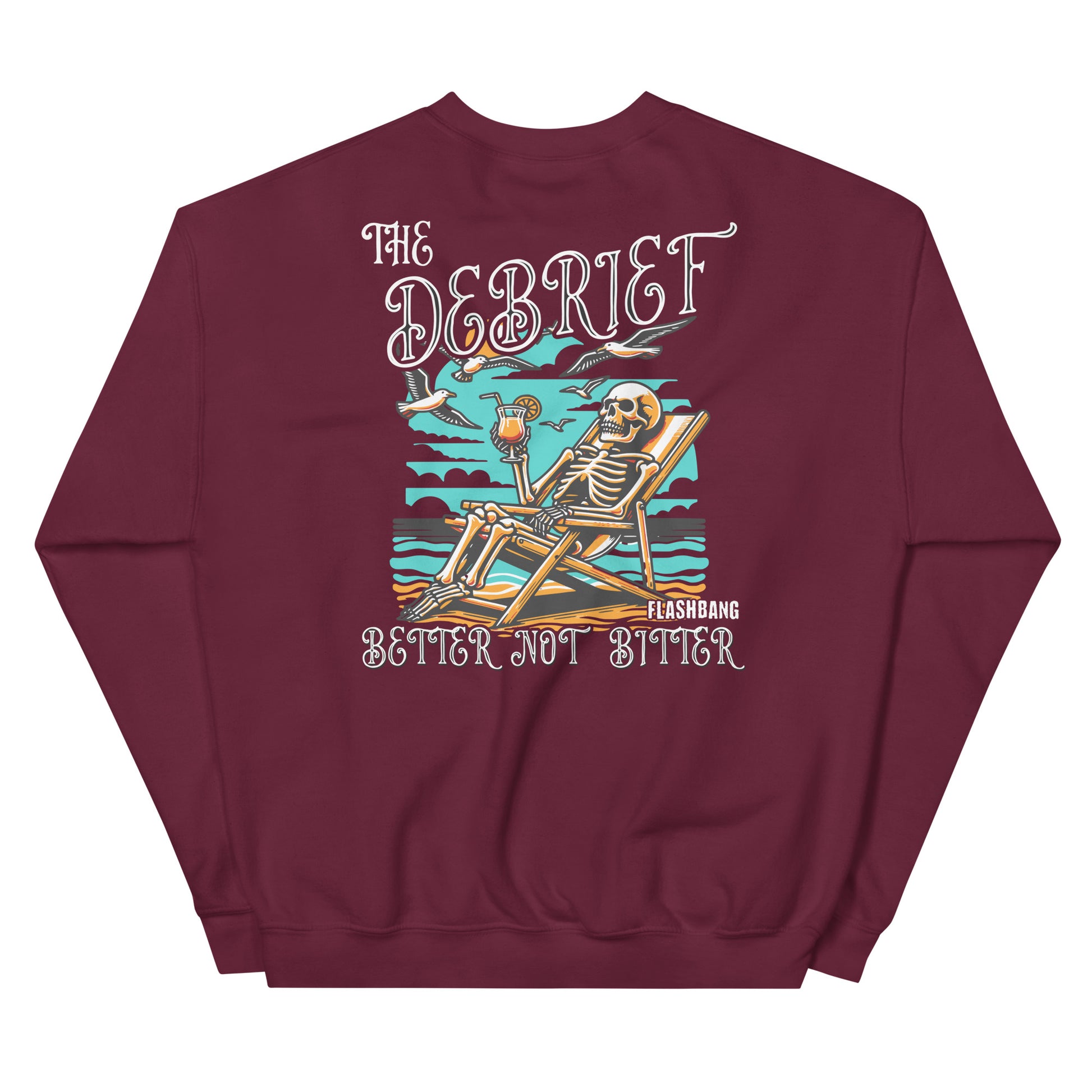 Maroon sweatshirt with a skeleton design and text on the back, on a white background