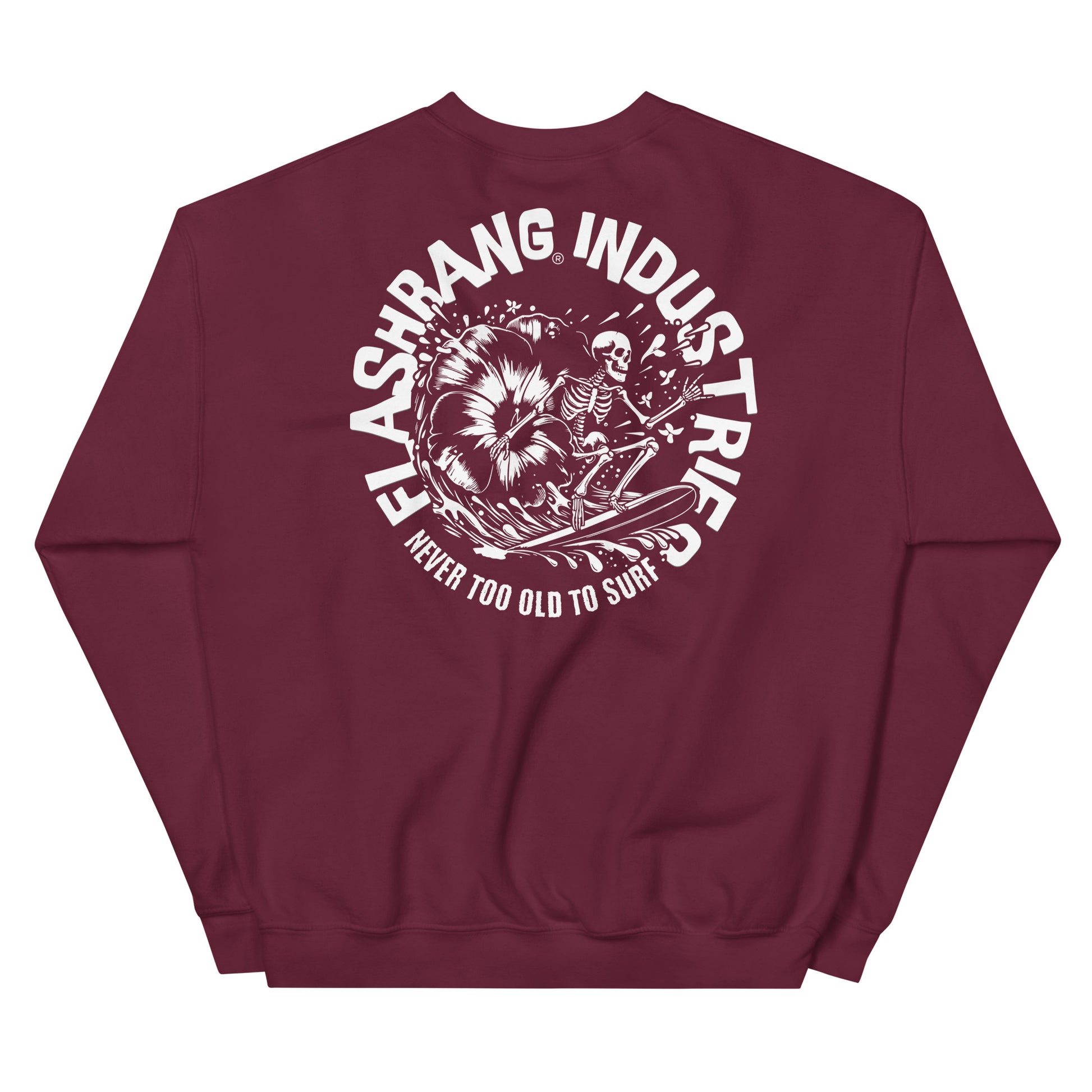 Maroon sweatshirt with a graphic design and text on the back against a white background