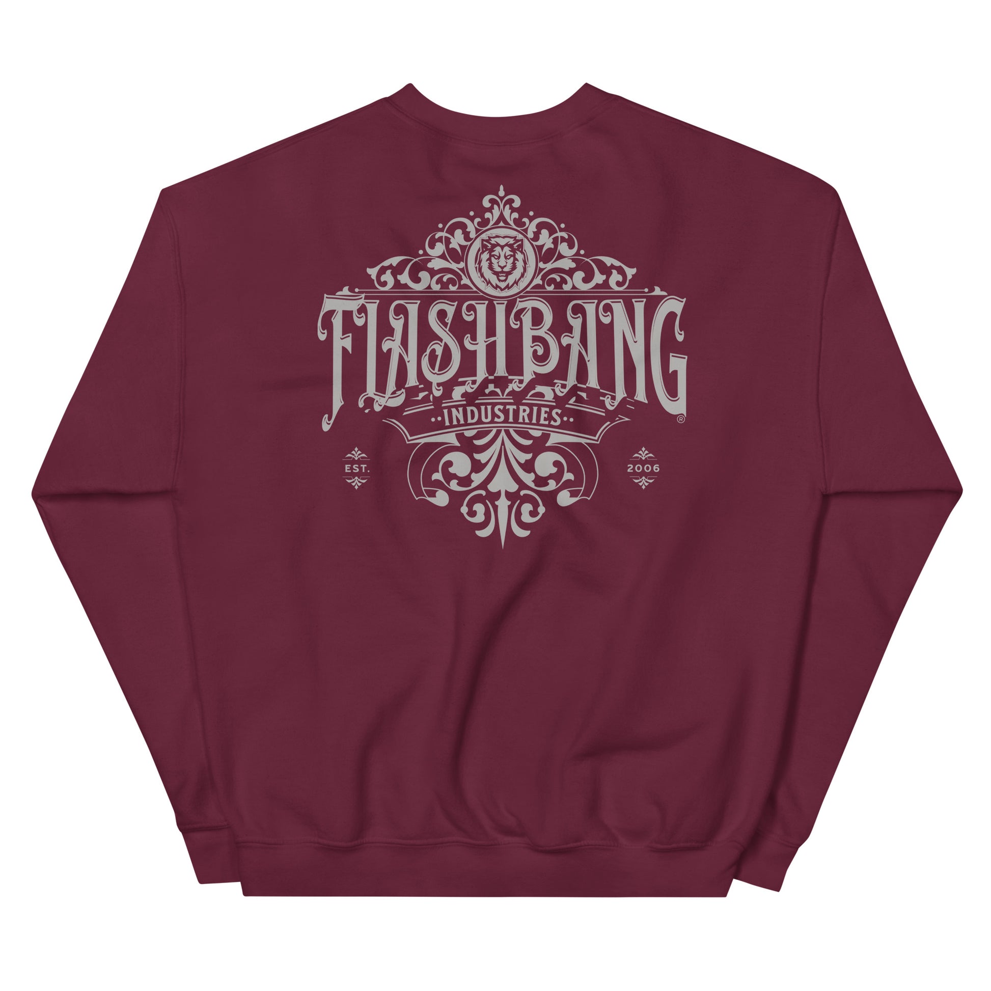 Maroon sweatshirt with 'Flashbang Industries' graphic on a white background