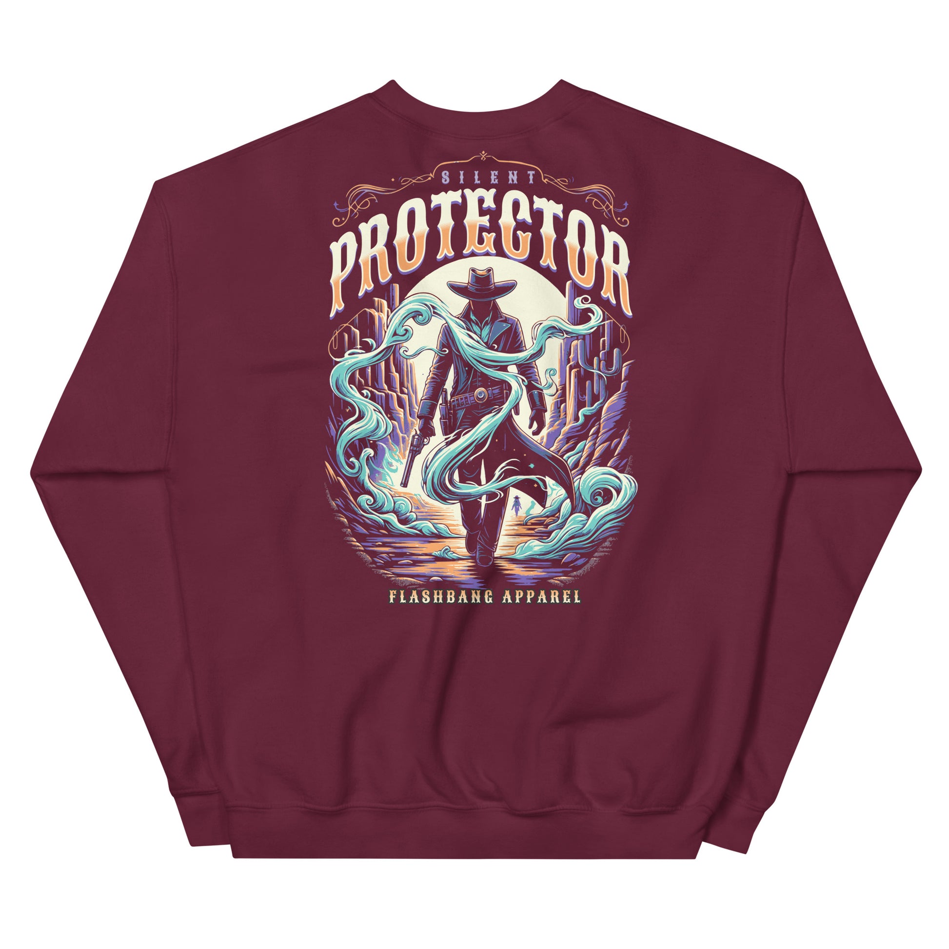 Maroon sweatshirt with a graphic design of a person in a cowboy hat and boots, with text 'Silent Protector' and 'Flashbang Apparel'.