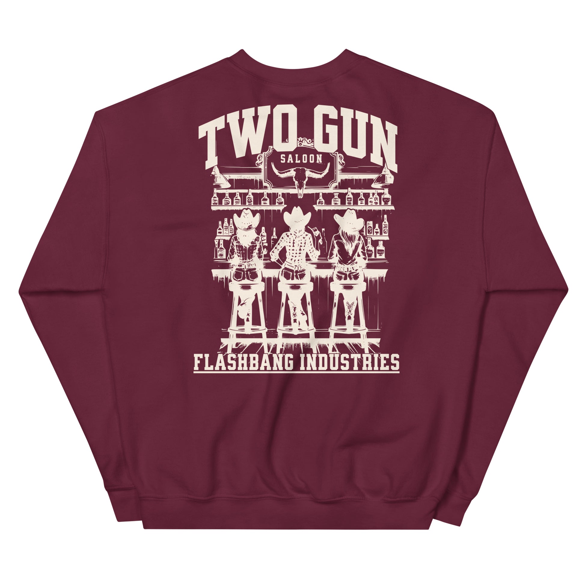 Maroon sweatshirt with 'Two Gun Saloon' graphic on the back, featuring two cowboys and the brand 'Flashbang Industries'.
