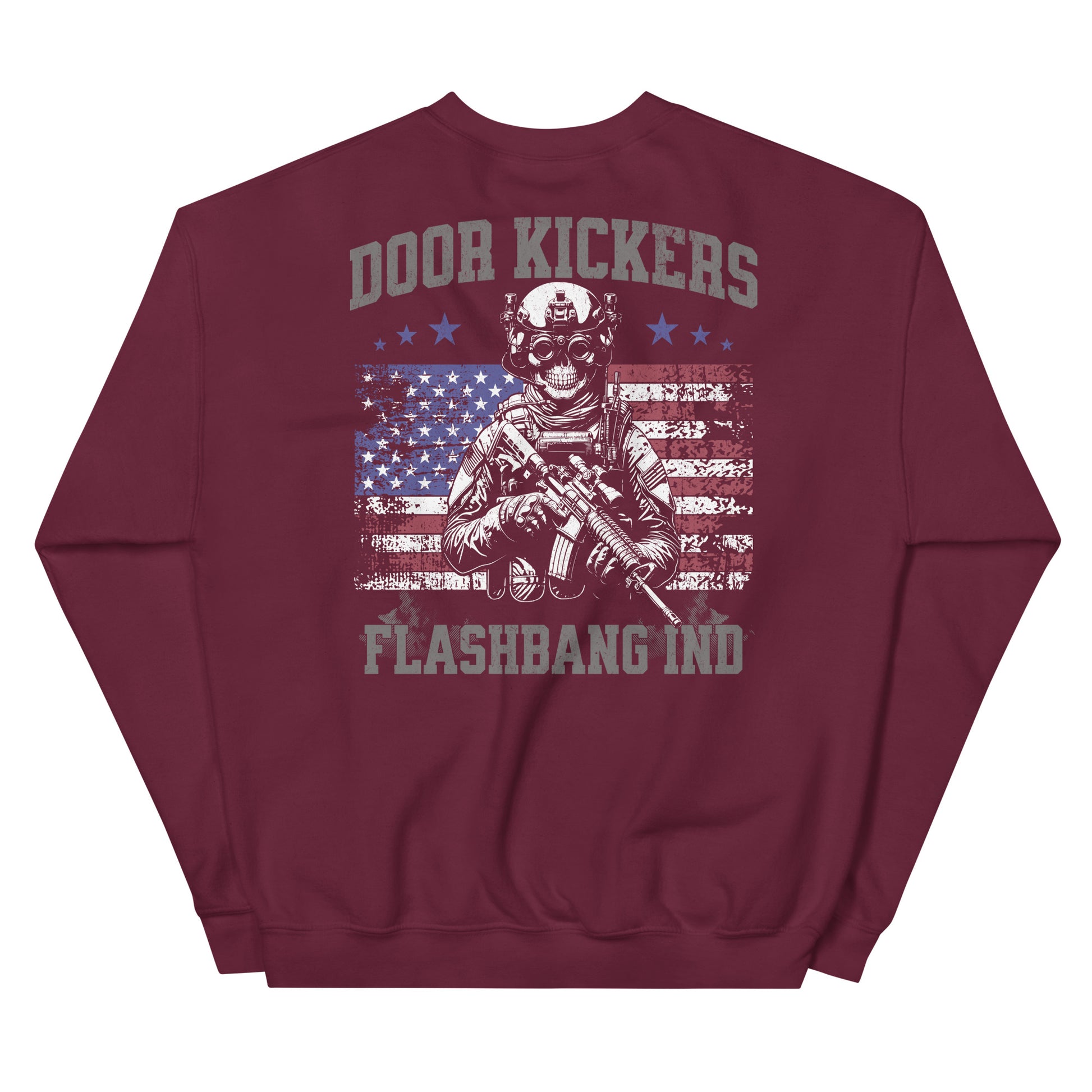 Maroon sweatshirt with graphic design and text on a white background