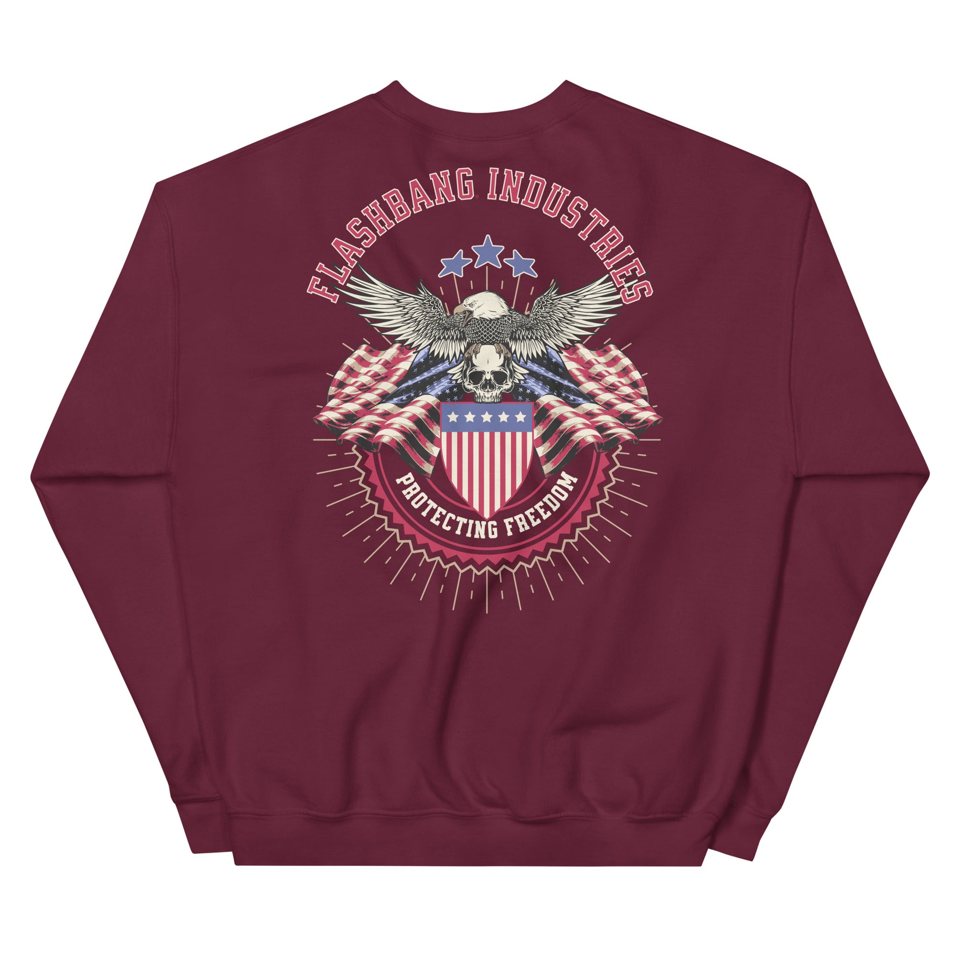 Maroon sweatshirt with 'Flashbang Industries' graphic on the back