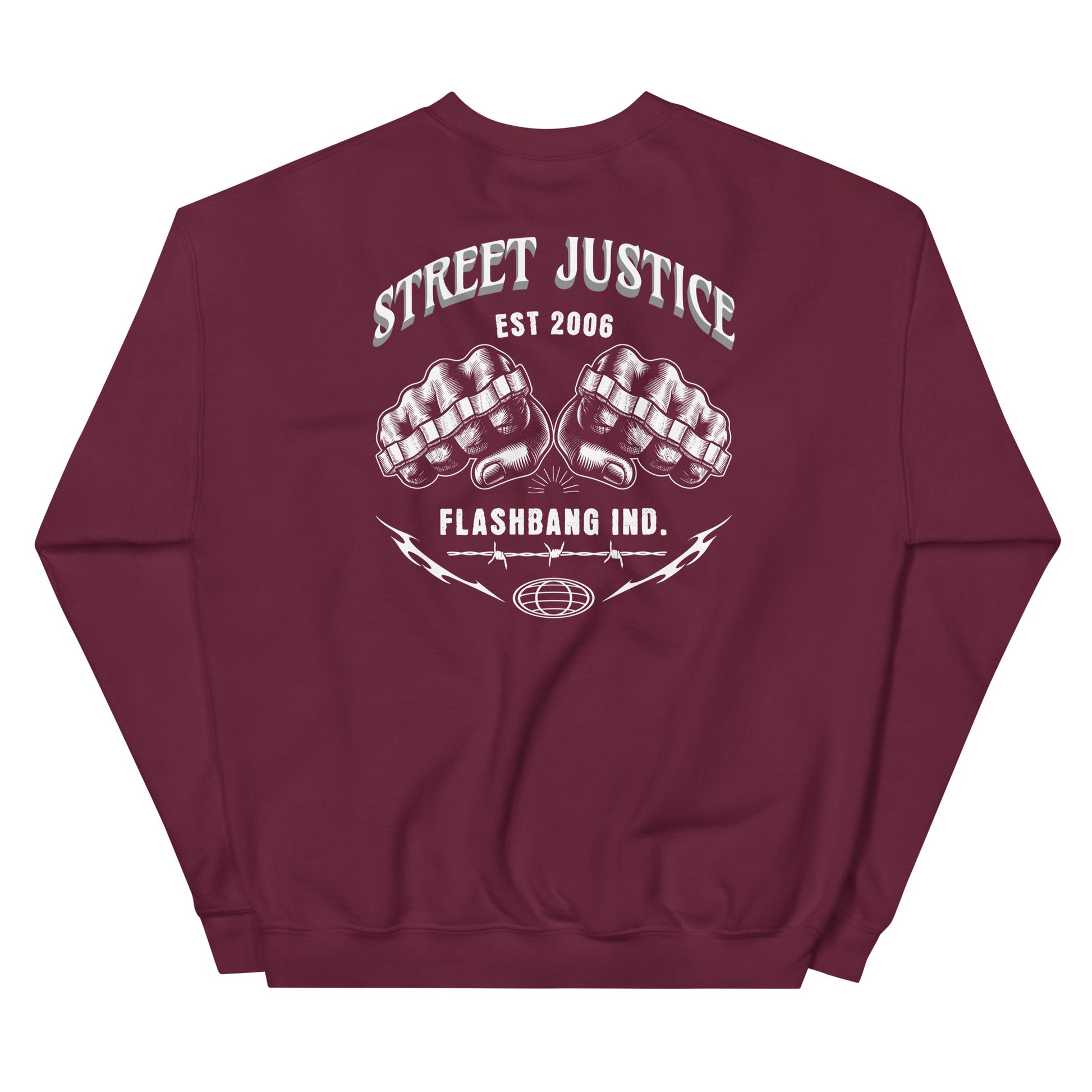 Maroon sweatshirt with white graphic and text on a white background