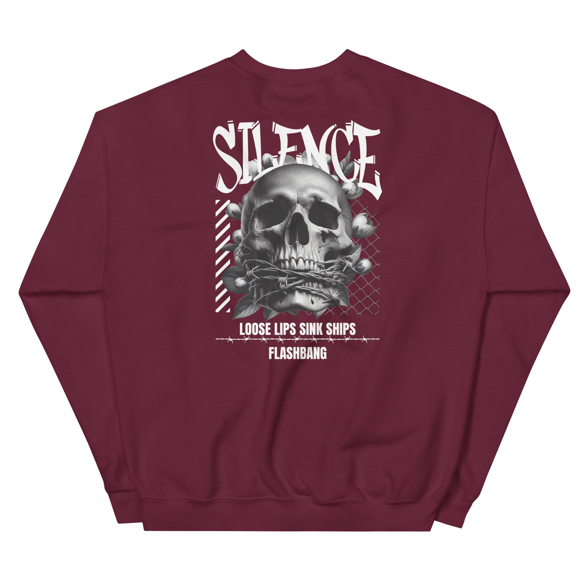 Maroon sweatshirt with skull graphic and text on a white background