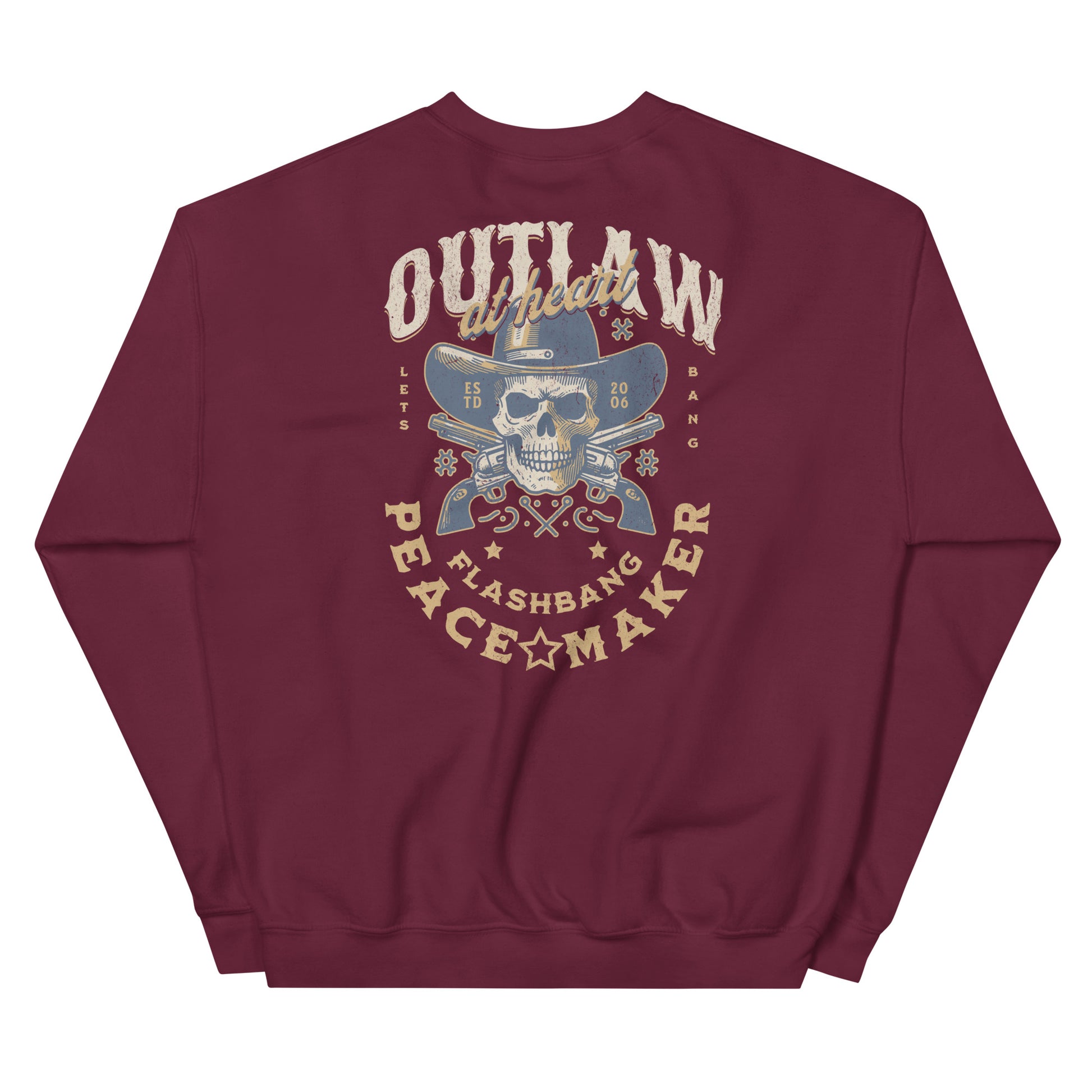 Maroon sweatshirt with a graphic design on the back featuring text and a skull wearing a cowboy hat.