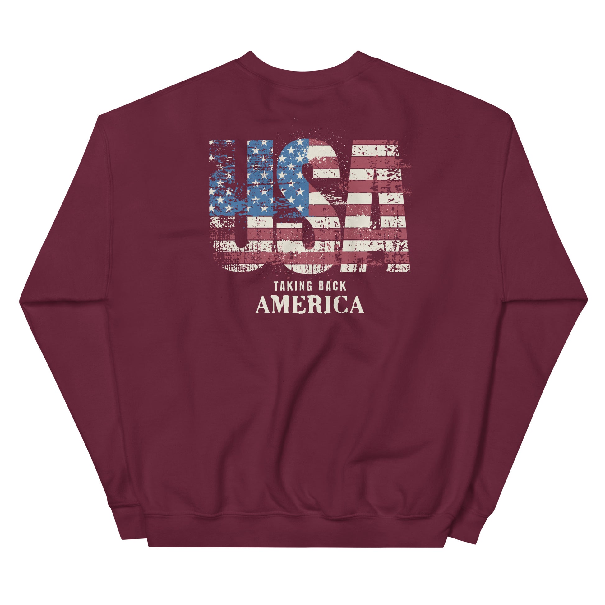 Maroon sweatshirt with USA flag design and text on a white background