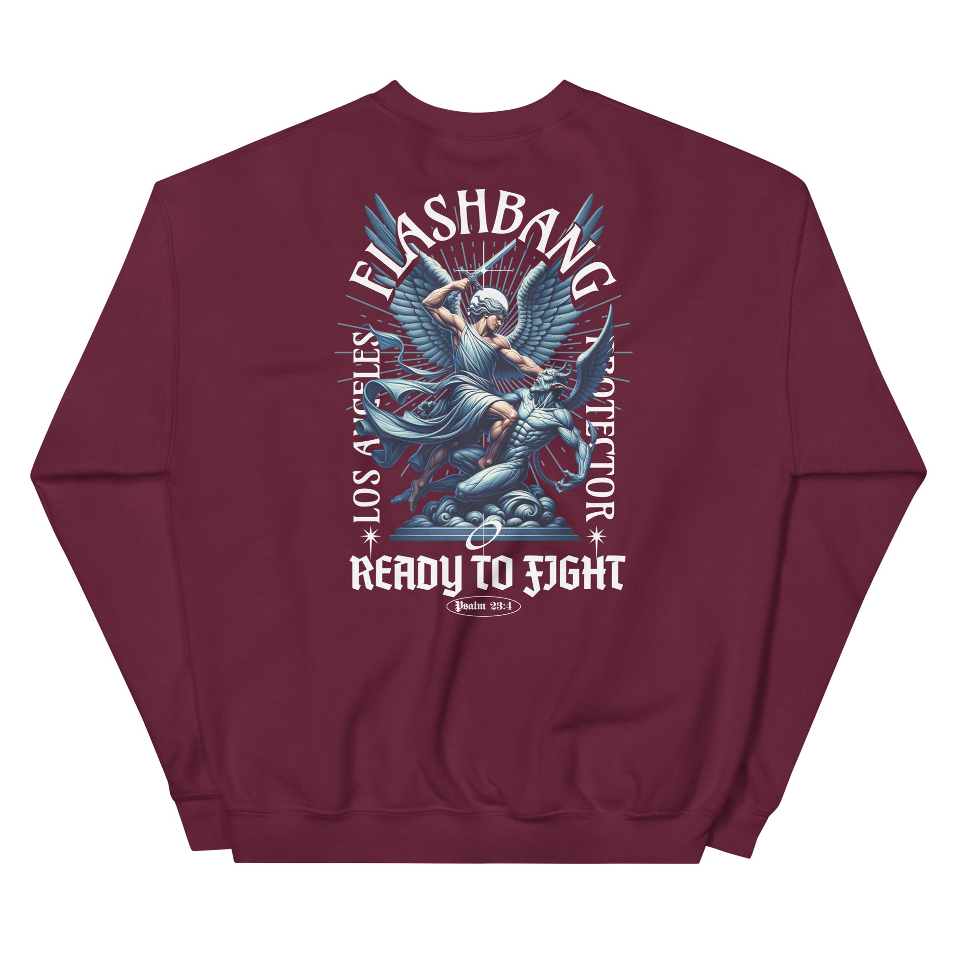 Maroon sweatshirt with graphic design and text on a white background