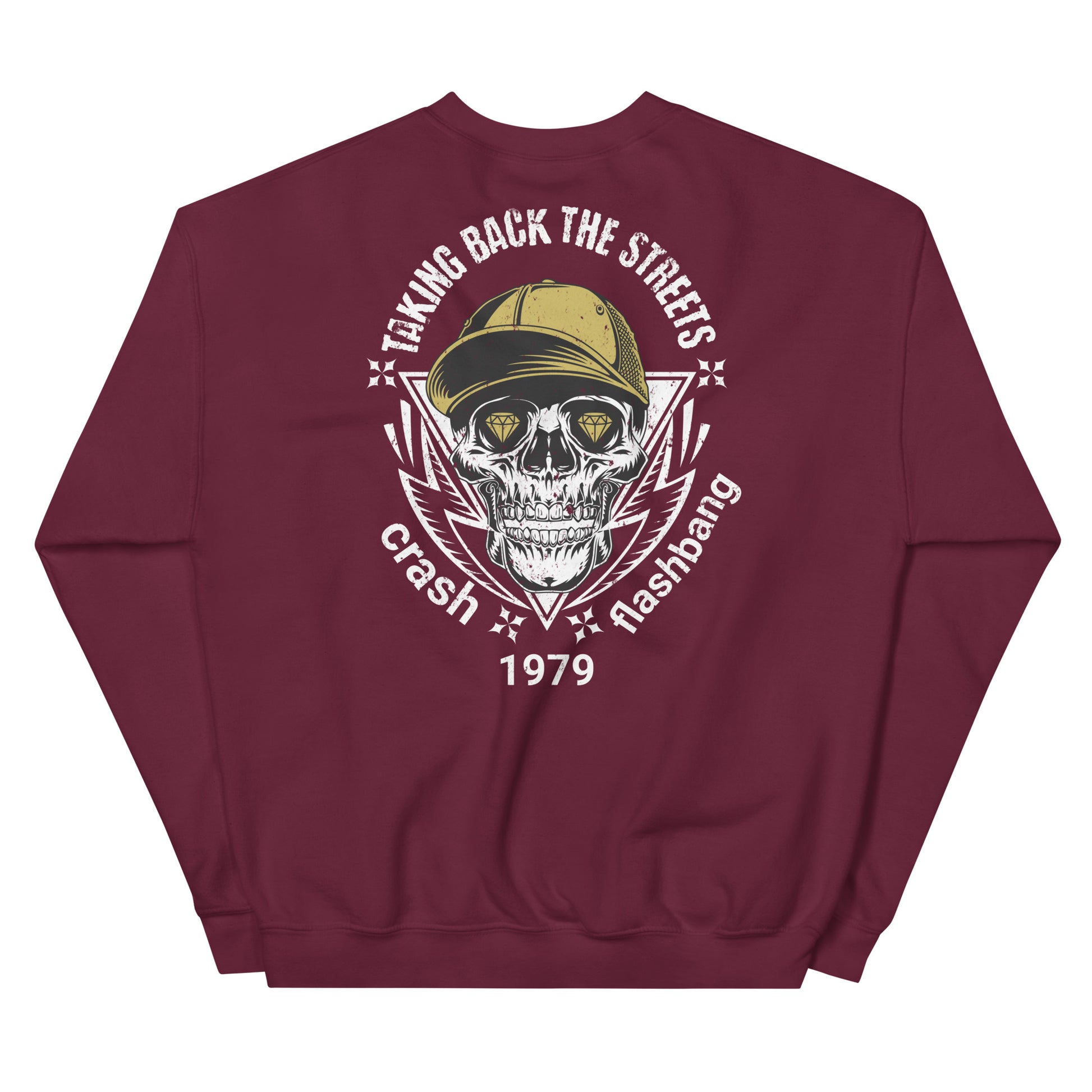 Maroon sweatshirt with a skull graphic and text on the back, displayed against a white background.