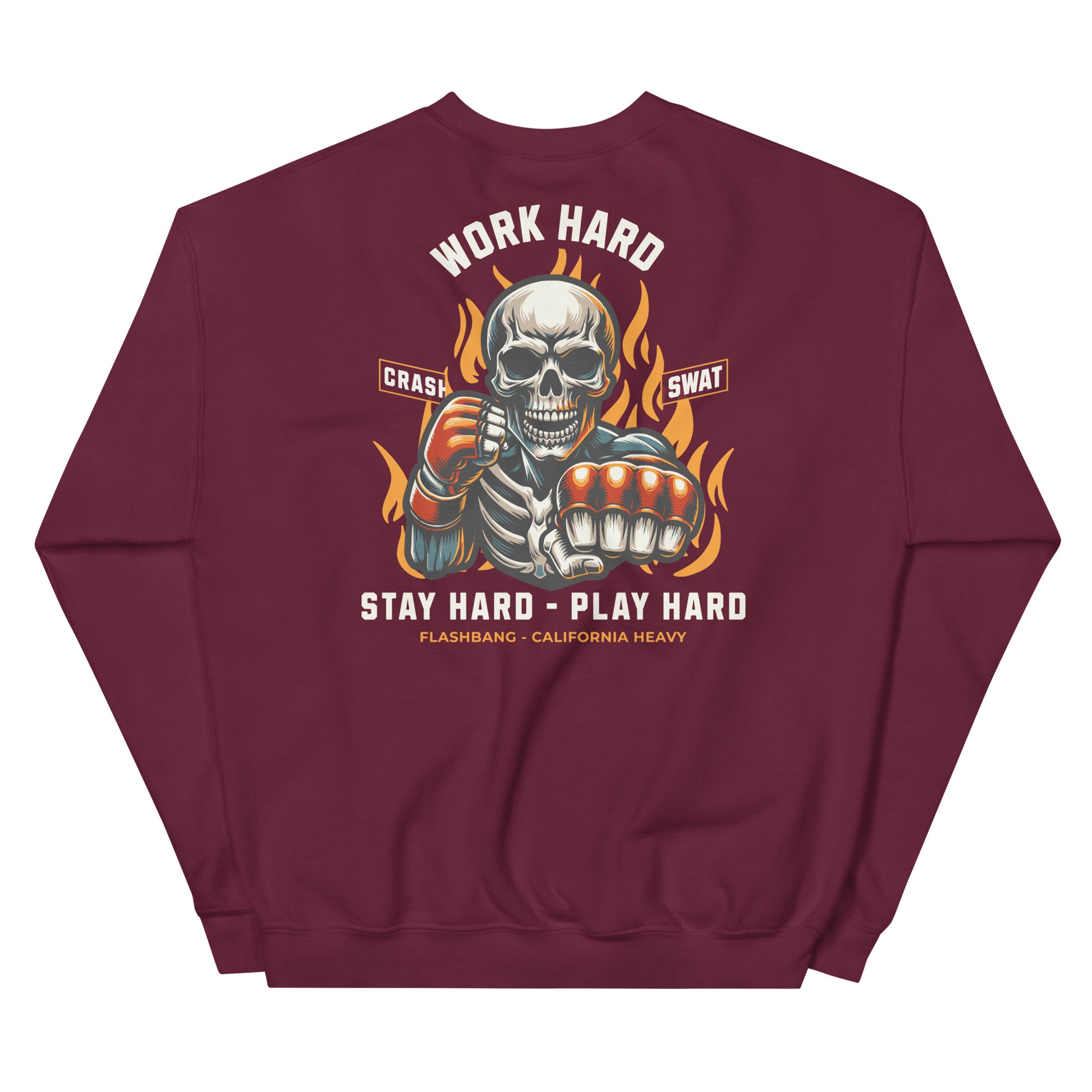 Maroon sweatshirt with a skeleton holding a gun and flames design on the back, featuring text.