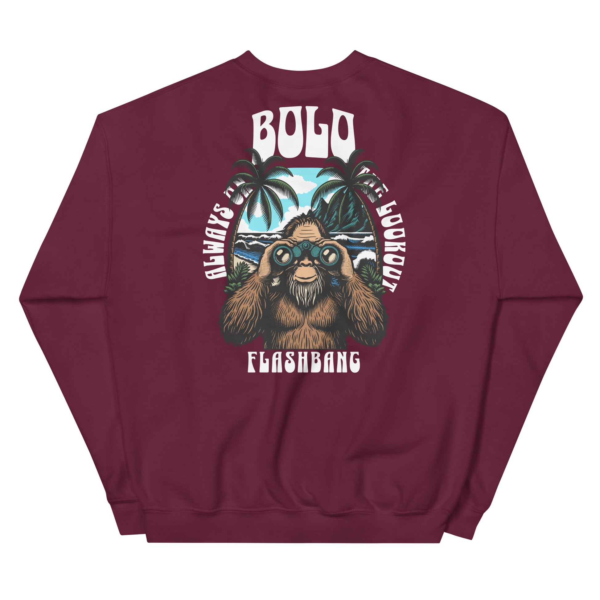 Maroon sweatshirt with a graphic design of a monkey and text on the back, on a white background.