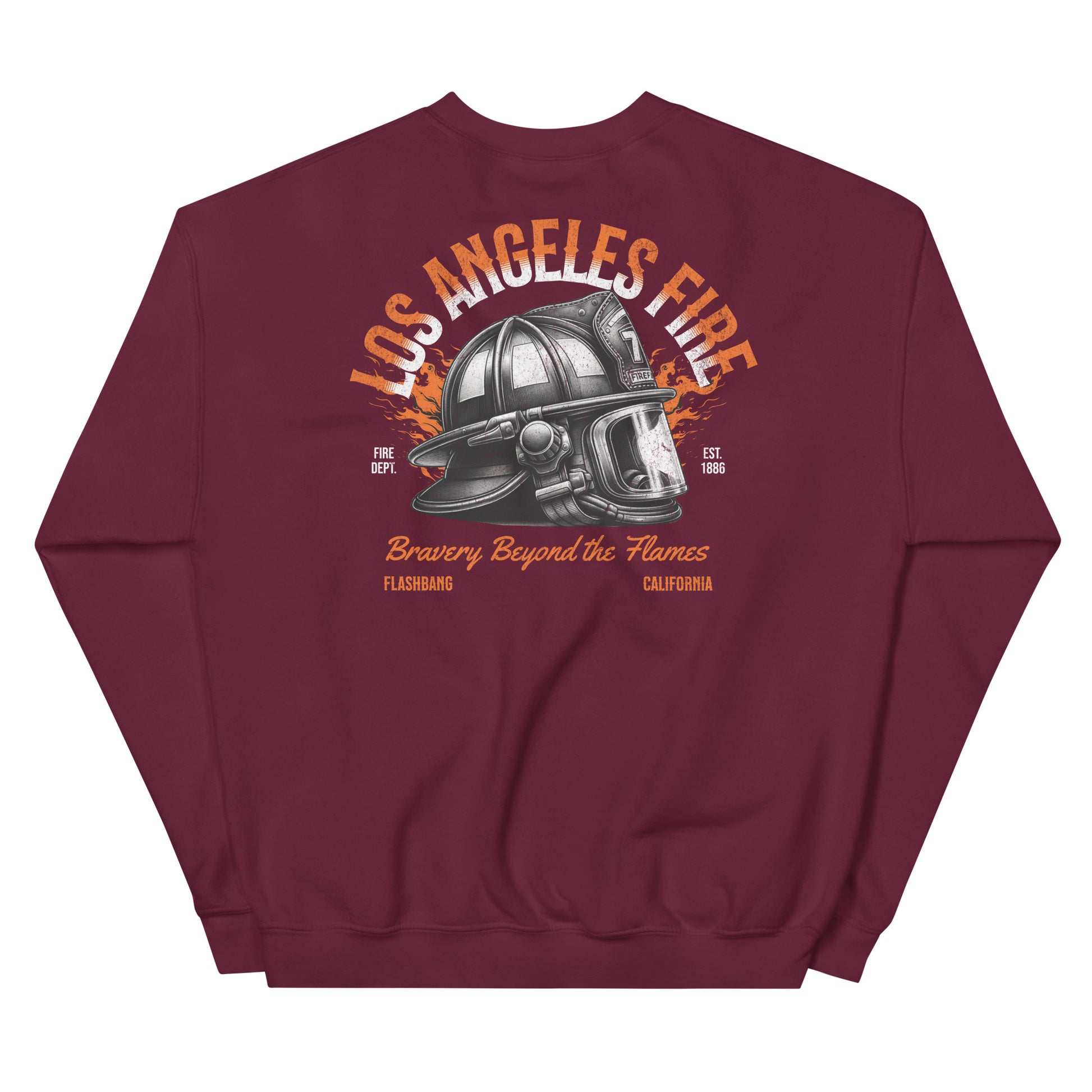 Maroon sweatshirt with 'Los Angeles Fire' graphic on a white background
