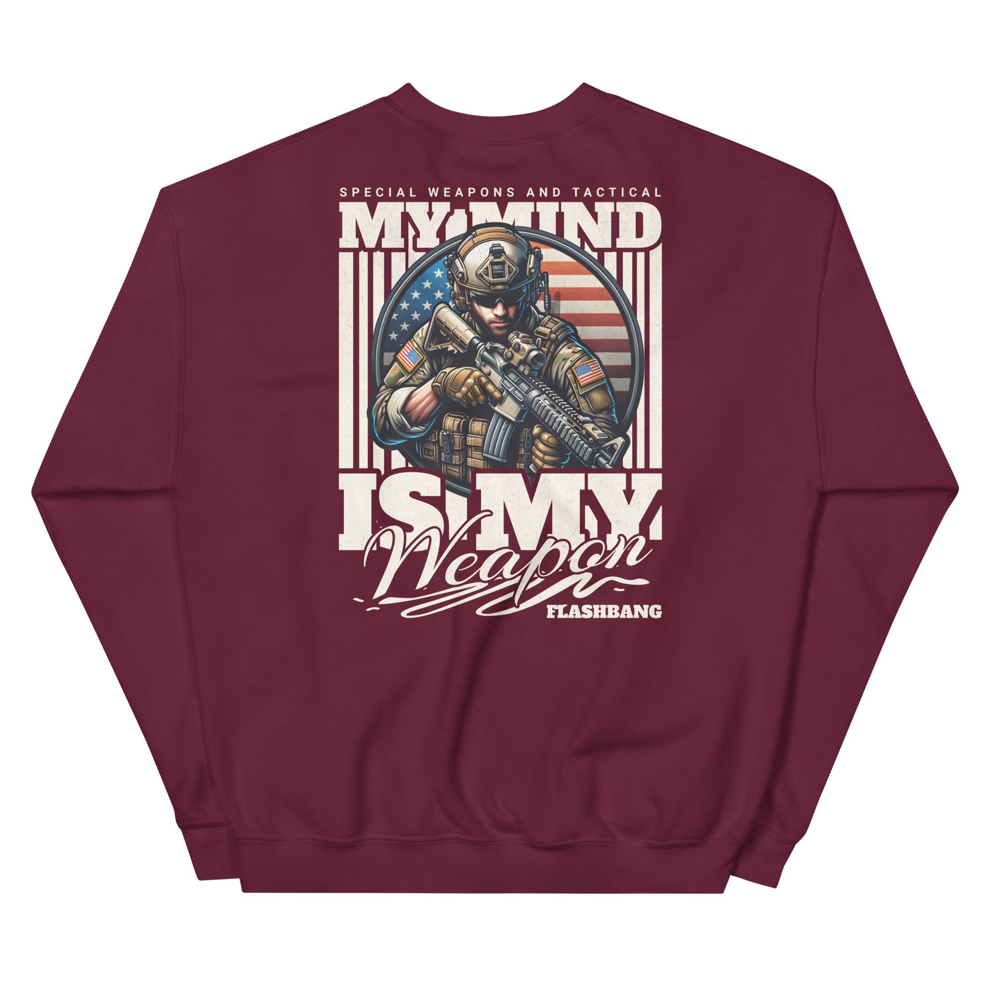 Maroon sweatshirt with graphic design of a soldier and text on a white background