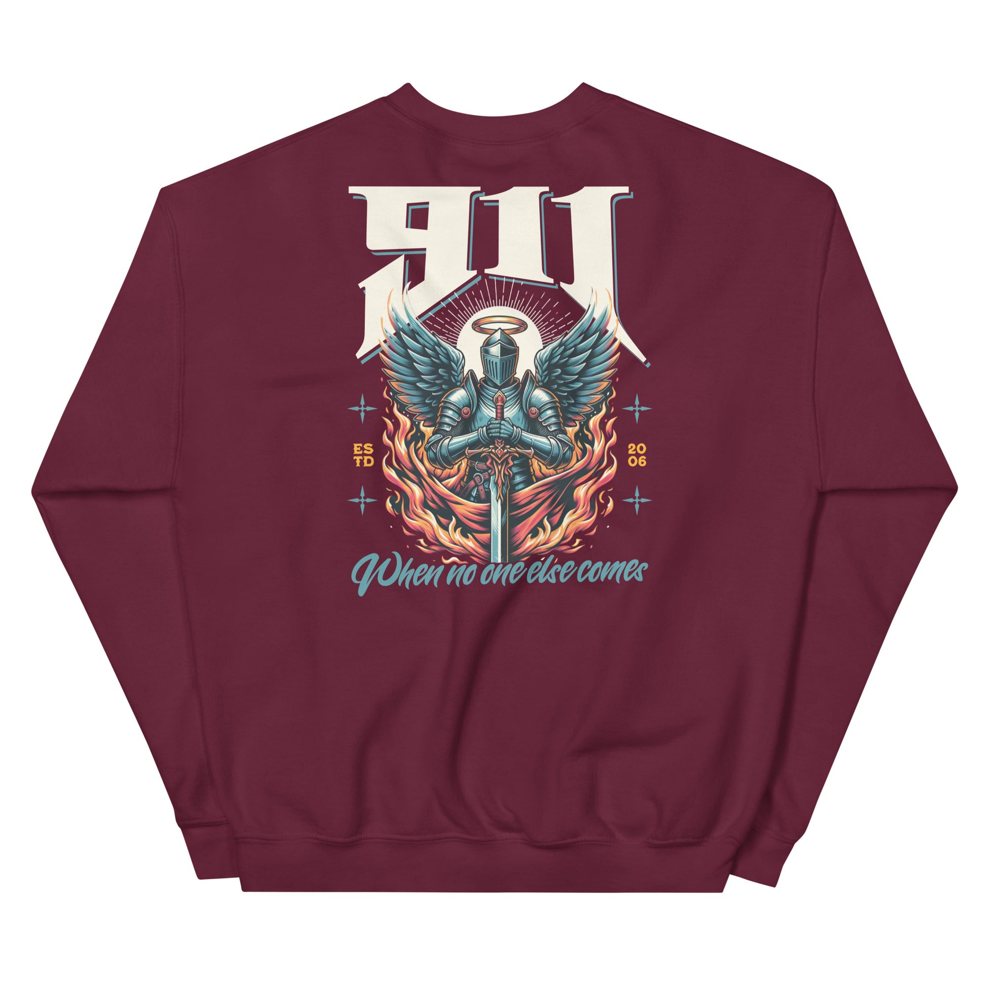 Maroon sweatshirt with a graphic design of a knight with wings and text on the back, on a white background.