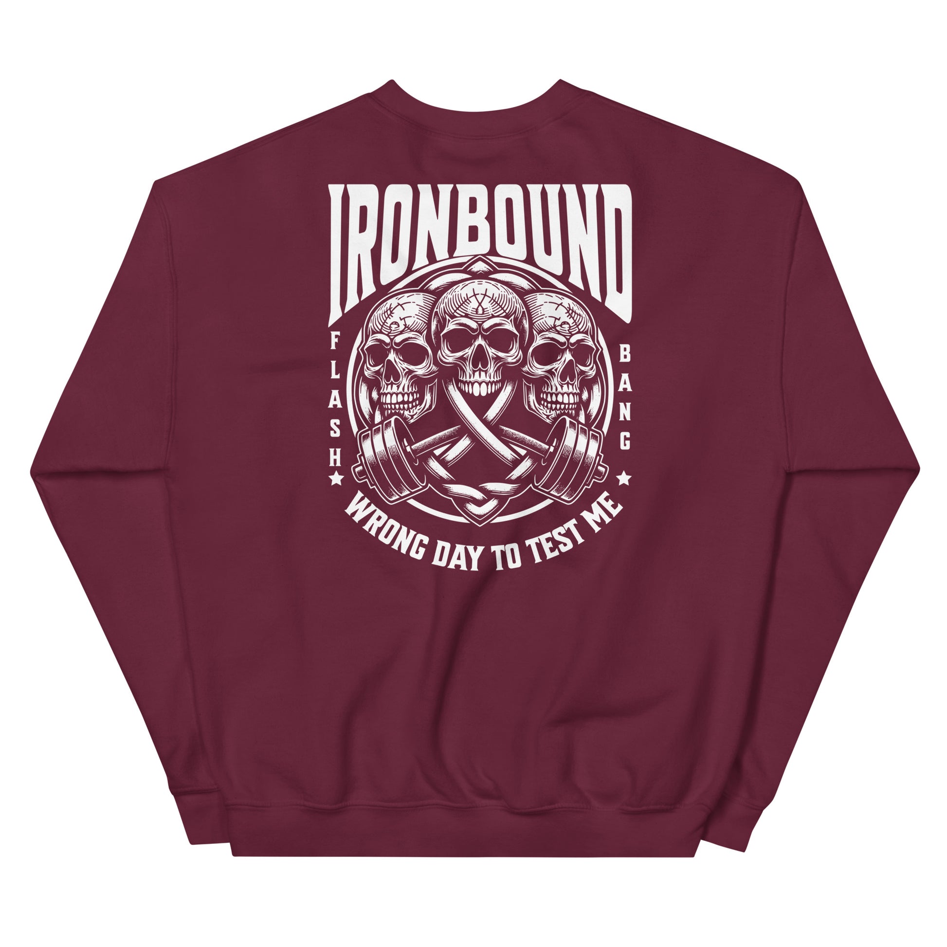 Maroon sweatshirt with skull and barbell design on a white background