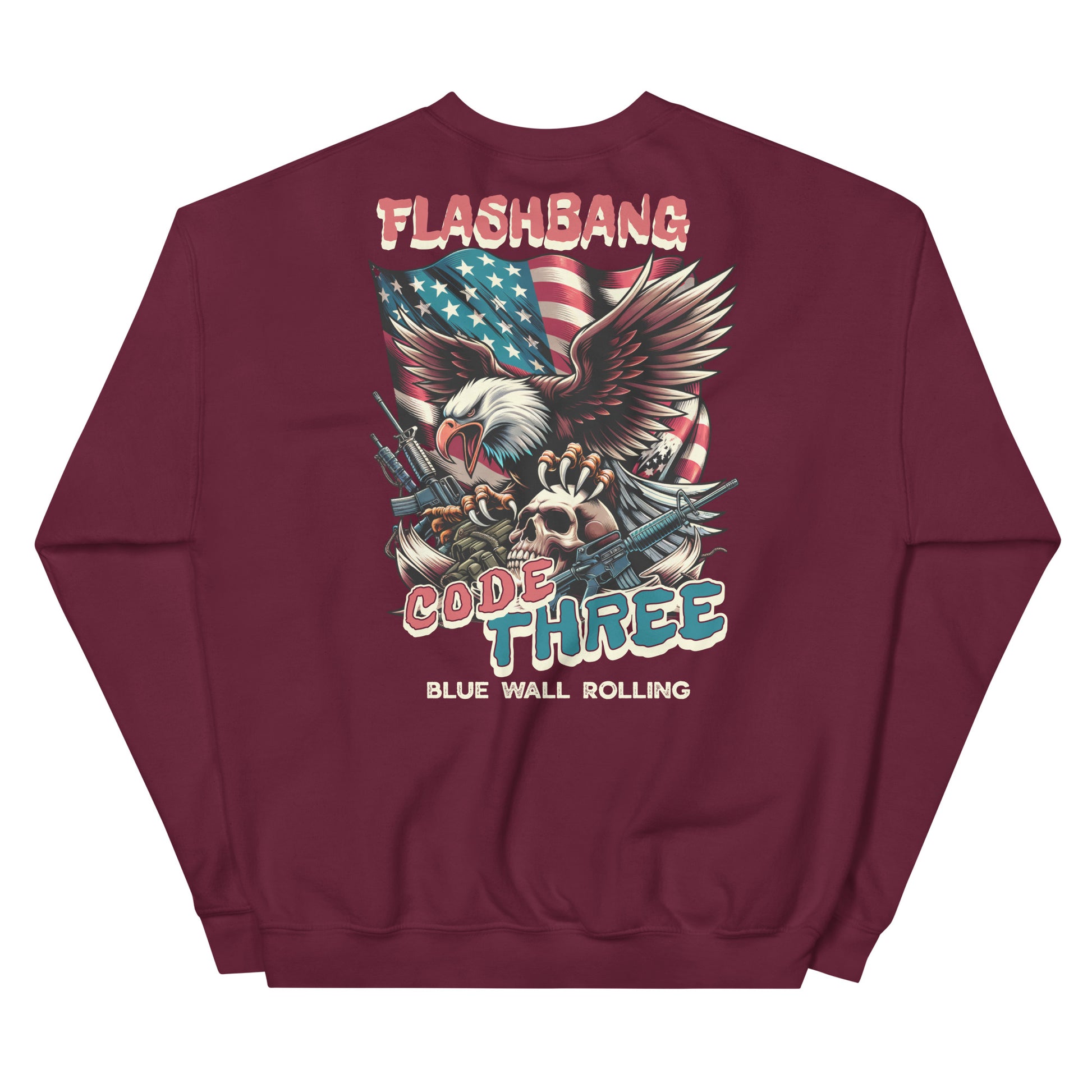 Maroon sweatshirt with graphic design featuring an eagle, American flag, and text on a white background